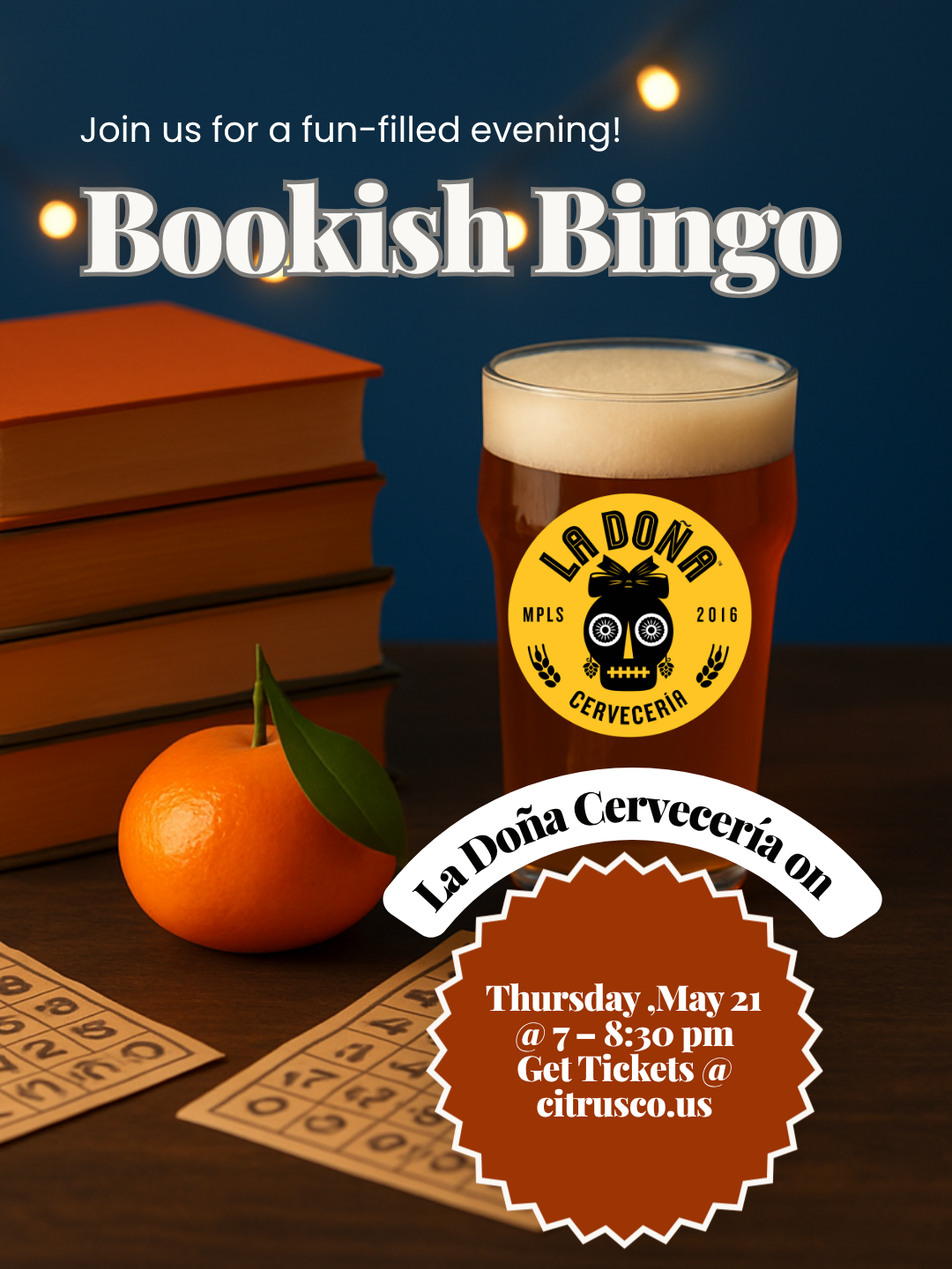 Bookish Bingo Night — May 21  | La Doña Cervecería | By Citrus & Co.