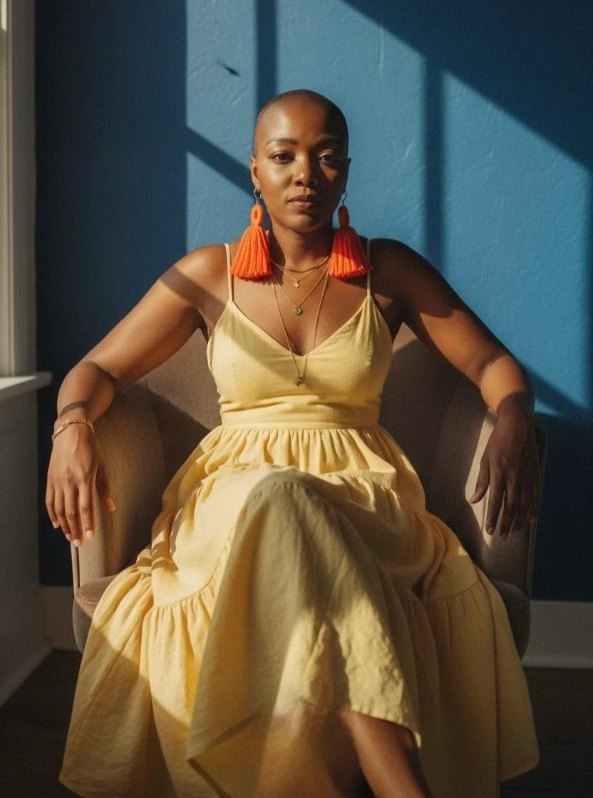 A woman with a shaved head sits on a beige chair, wearing a yellow dress and large orange tassel earrings, with sunlight casting shadows in a room with blue walls.