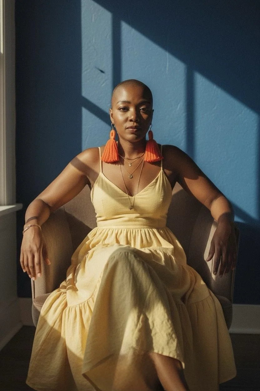 A woman sitting on a beige chair with a blue wall behind her, wearing a yellow dress and orange tassel earrings, with sunlight casting shadows on the wall.