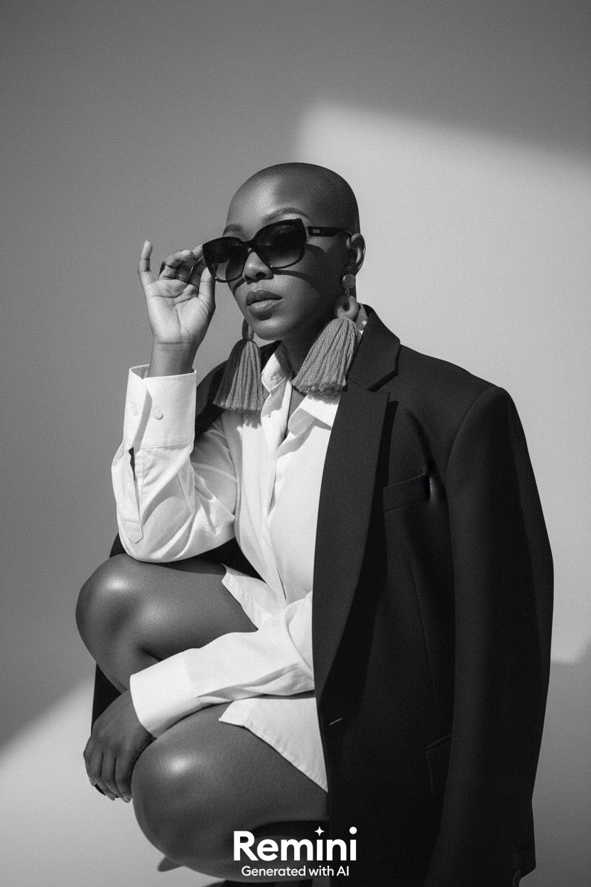 Black and white photograph of a woman with a shaved head wearing large sunglasses, earrings, a white shirt, and a black blazer draped over her shoulder, sitting with one leg crossed and holding her sunglasses with one hand.