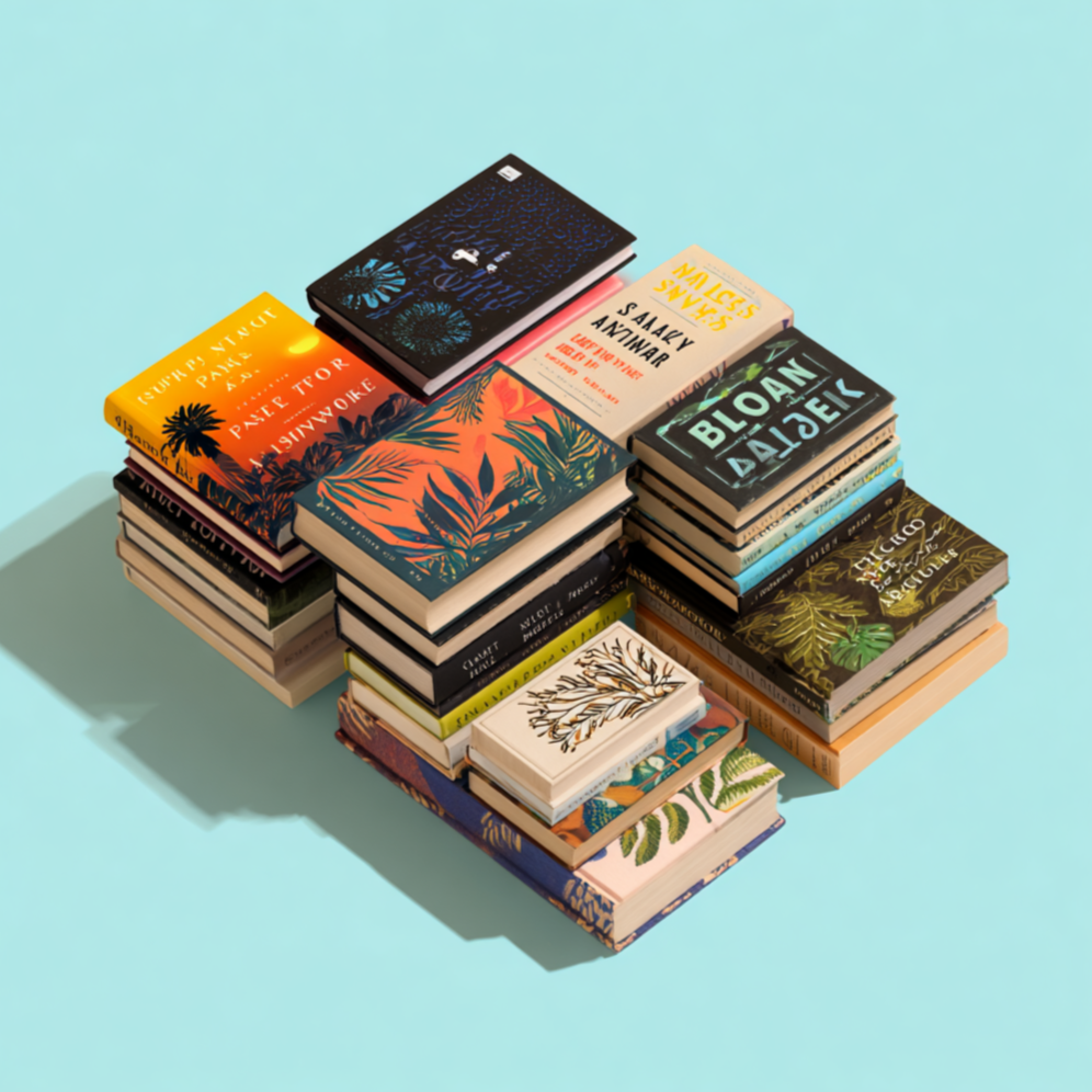A collection of colorful books stacked in an overlapping manner on a light blue surface.