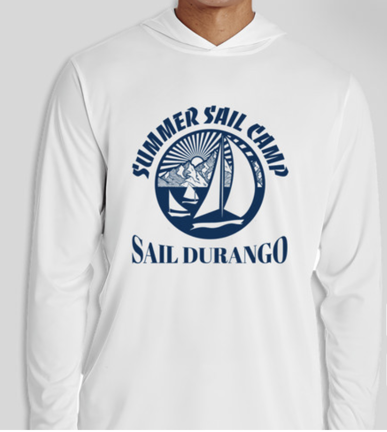 White hoodie with a navy blue circular graphic and text that reads 'Summer Sail Camp' and 'Sail Durango', featuring a sailboat, mountains, and the sun.