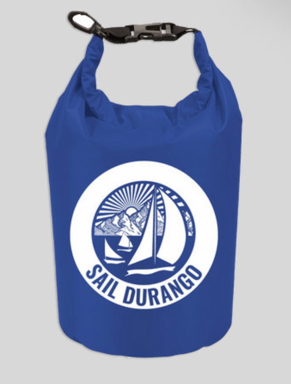 Blue waterproof dry bag with a sailing logo and the text 'SAIL DURANGO' printed on it.