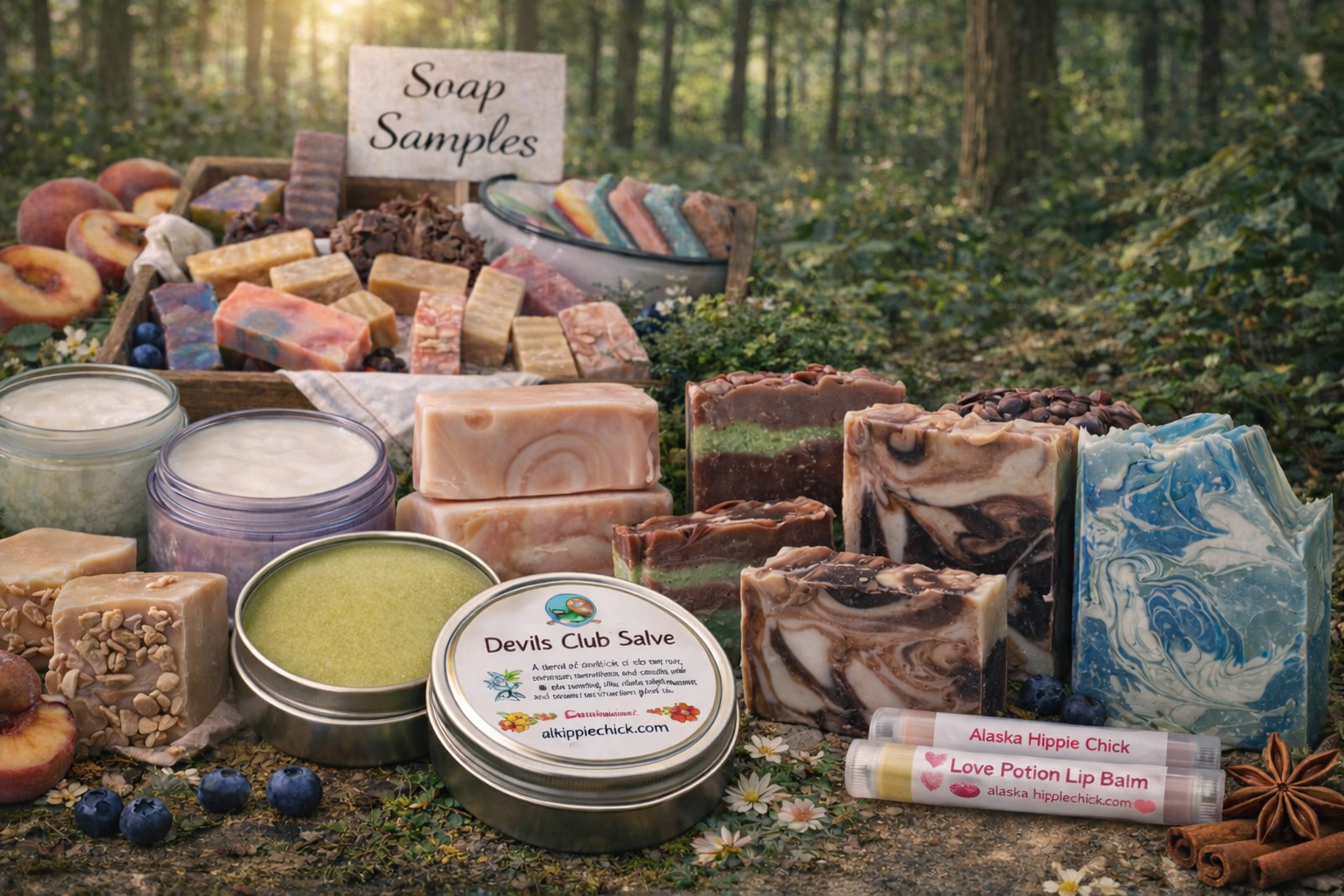 A display of handmade soaps and soap samples on a forest background, with jars of lotion, lip balm, and decorative spices, including blueberries, star anise, and cinnamon sticks.