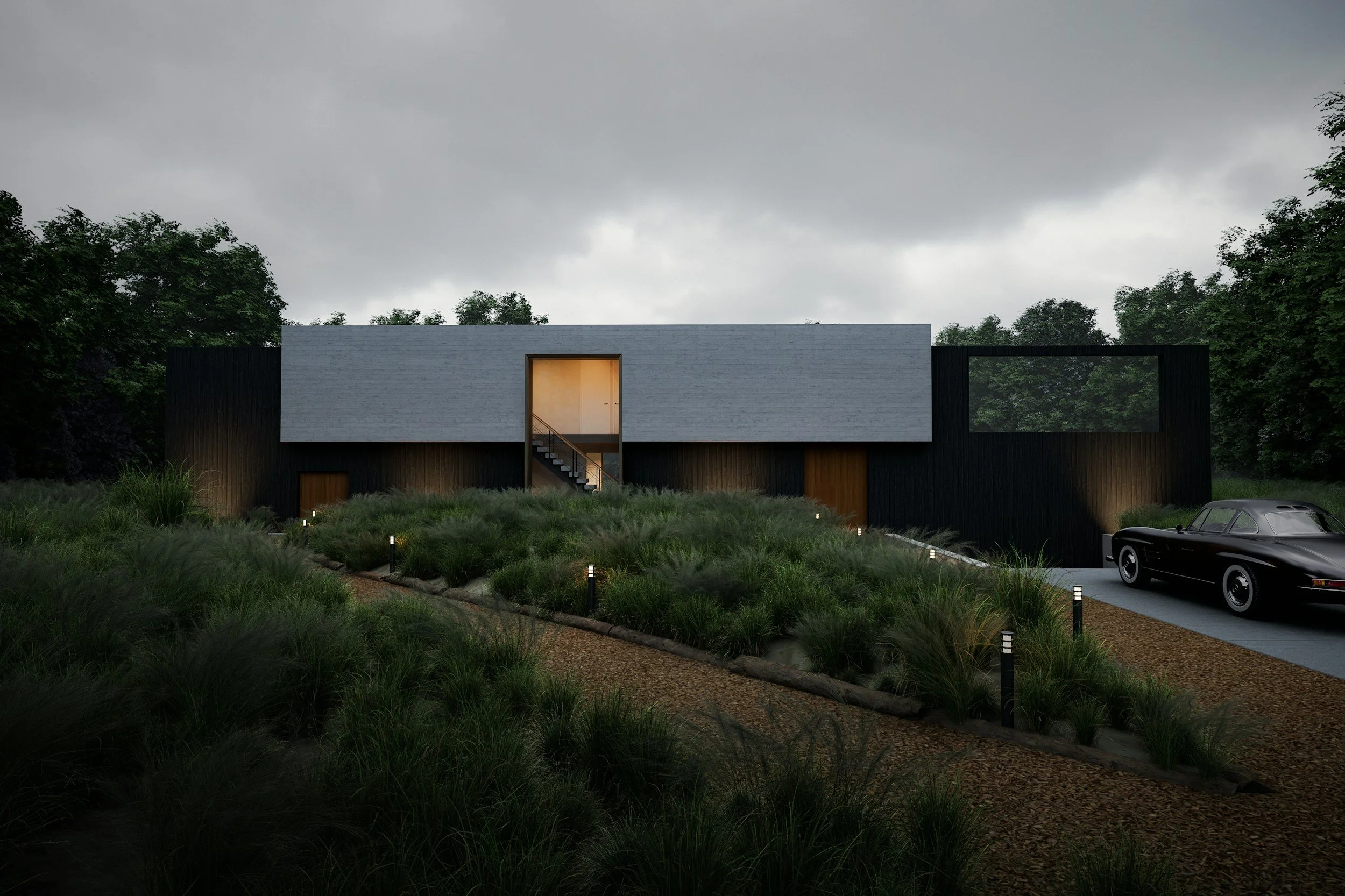 Modern house with minimalist design, dark exterior, and a large rectangular window, surrounded by greenery and a vintage black car parked in front.