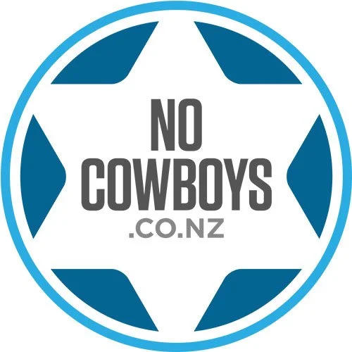 Logo with a stylized blue and white star and circle, featuring the text "NO COWBOYS" and the website "NO COWBOYS.CO.NZ" in gray.