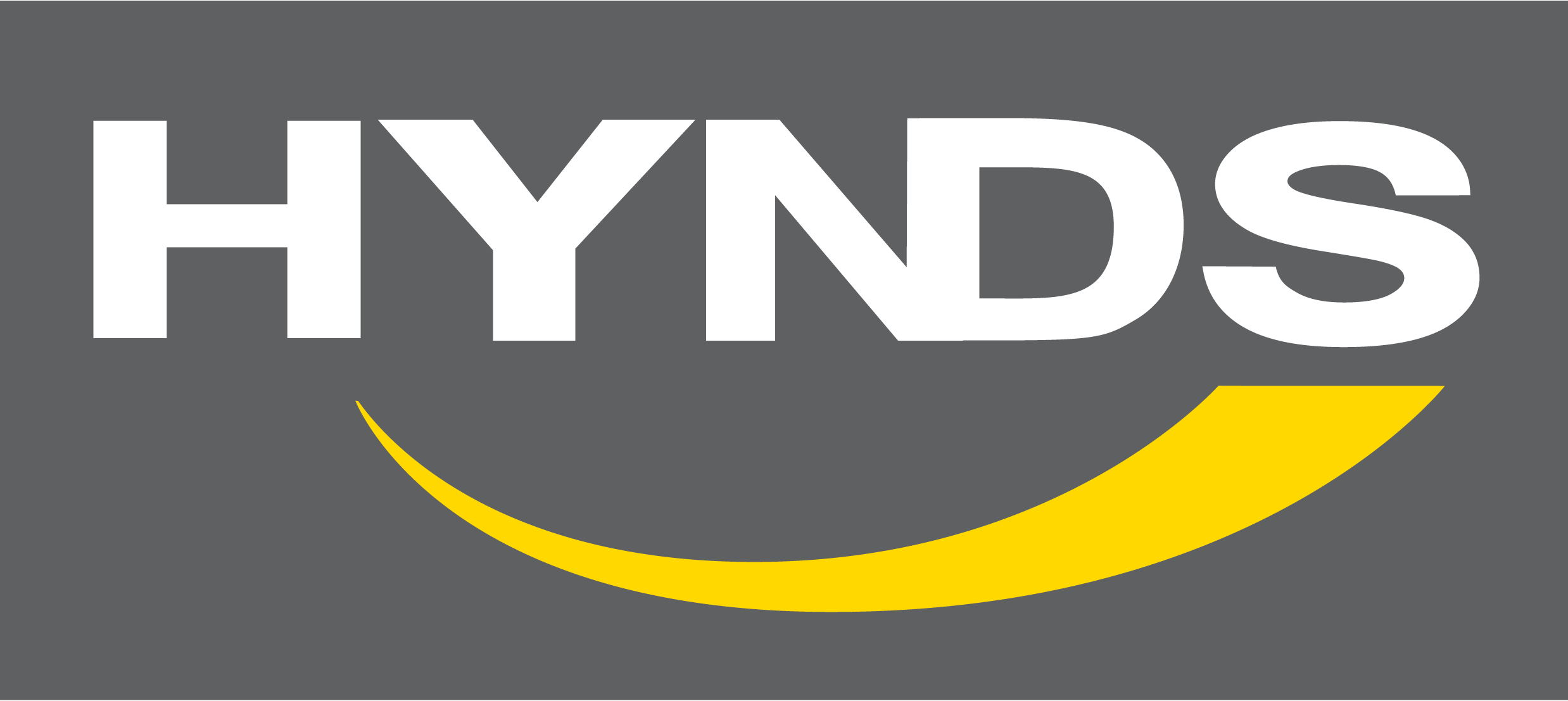 Gray background with the word 'HANDS' in large white letters and a yellow curved line beneath, resembling a smile.