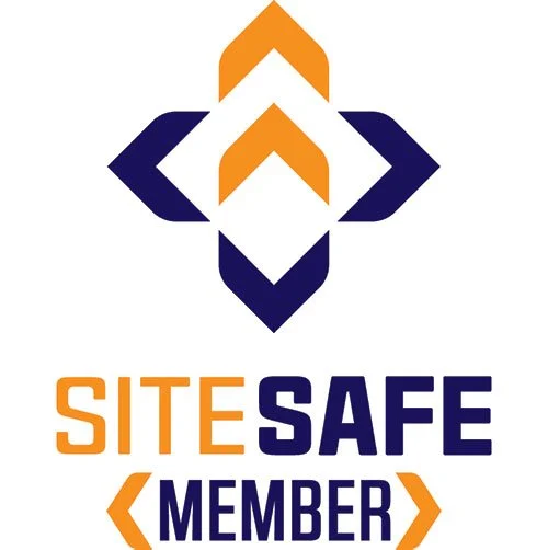 Logo with geometric shapes and the text "SITESAFE MEMBER" in orange and navy blue.