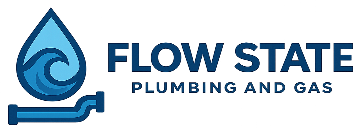 Logo for Flow State Plumbing and Gas featuring a water droplet with a wave inside and a pipe below.