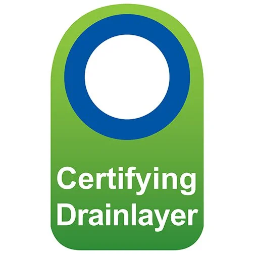 Green and blue certification badge with a circular symbol and the text 'Certifying Drainlayer'.