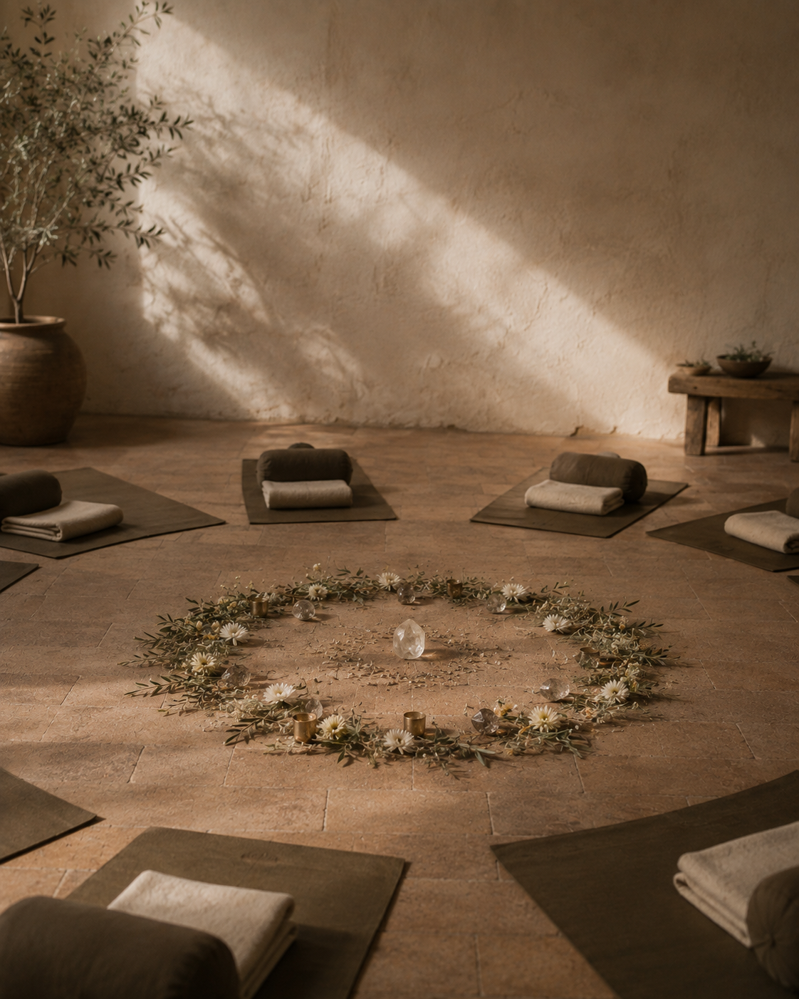 A peaceful yoga or meditation space with mats, rolled towels, and a floral wreath on the floor, illuminated by soft natural light.