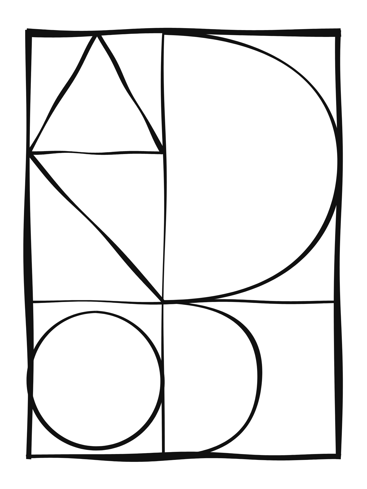 Black and white line drawing of geometric shapes including squares, rectangles, triangles, and circles arranged in a complex overlapping pattern.