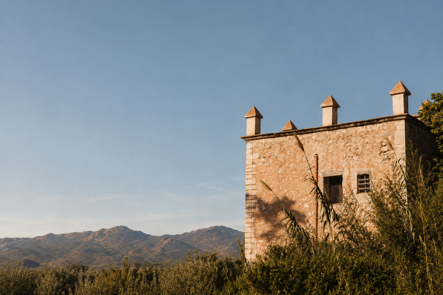 Stone tower of the historic estate in the Mallorcan countryside
