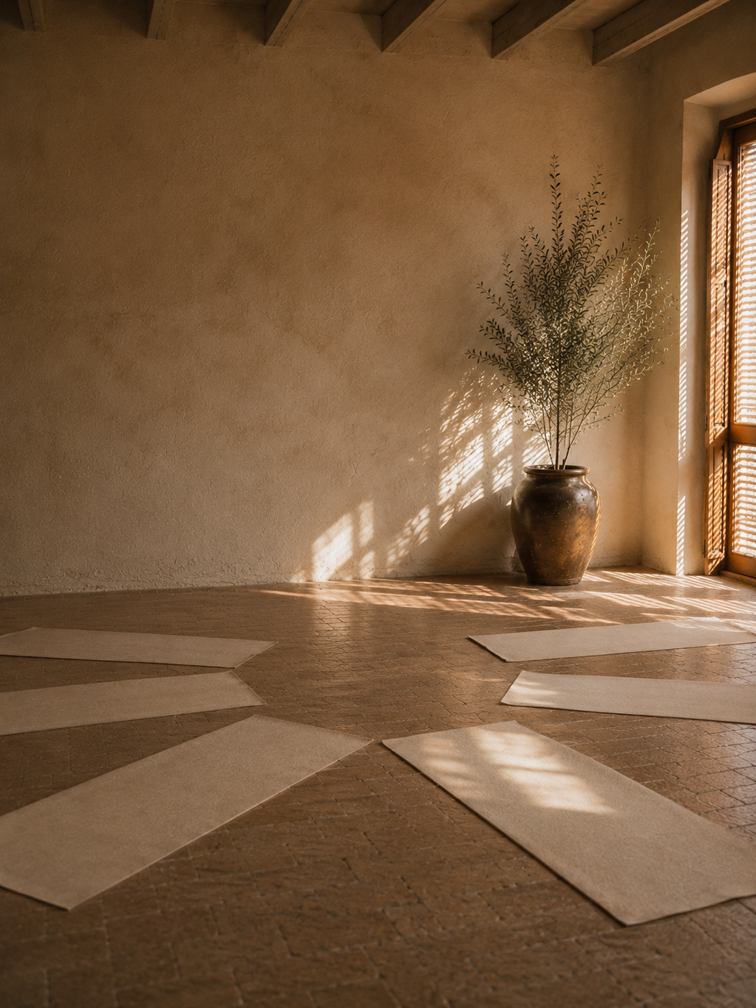 Sunlit yoga studio with six beige yoga mats arranged on a wooden floor, a large vase with a plant near a window with wooden shutters, and textured beige walls.