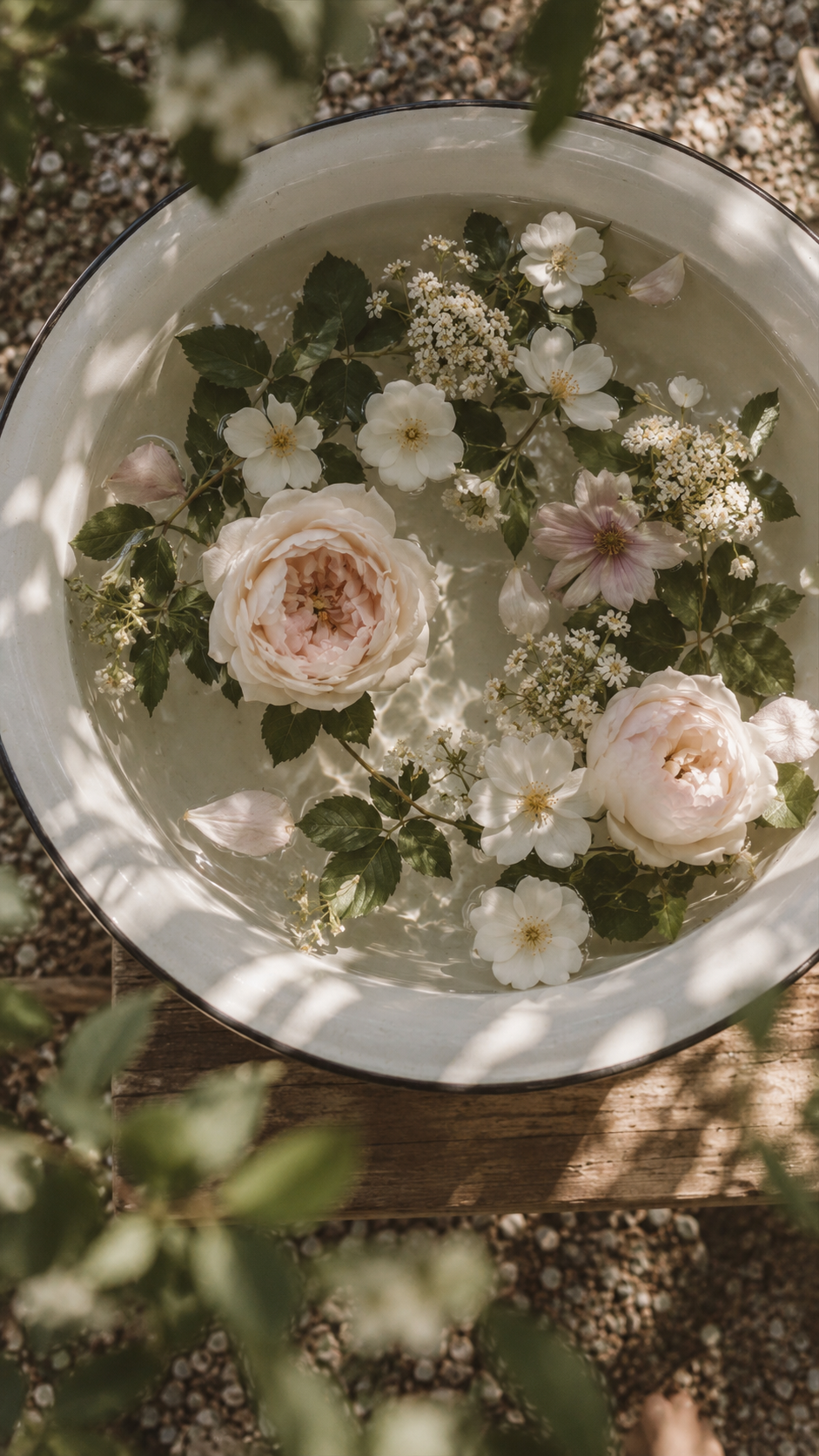 Bowl of roses and white flowers floating in water in garden light