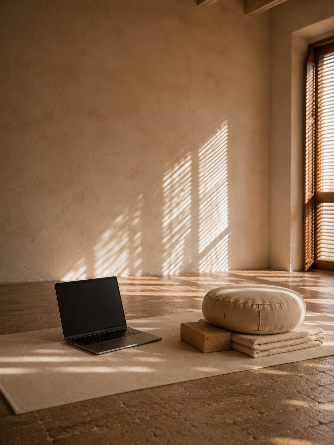 A yoga or meditation setup on a beige mat with a closed laptop, a round cushion, folded blankets, and a brick block. Natural light coming through wooden blinds creates patterns on the wall and floor.