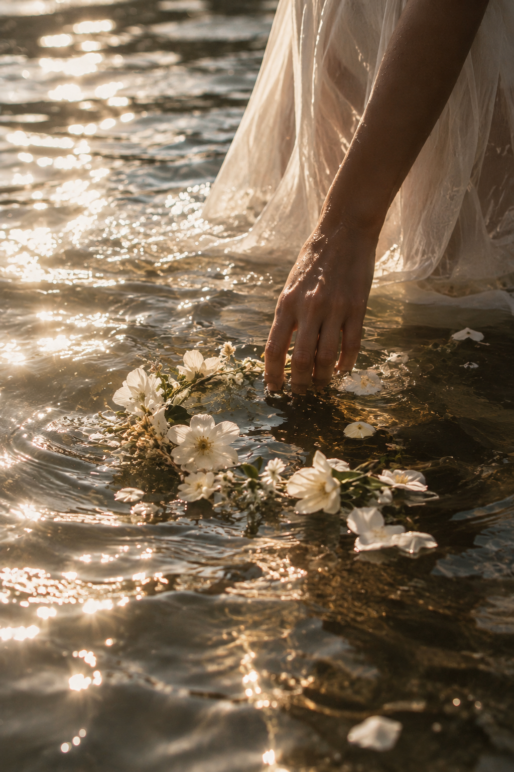 Hand releasing white flowers into sunlit water
