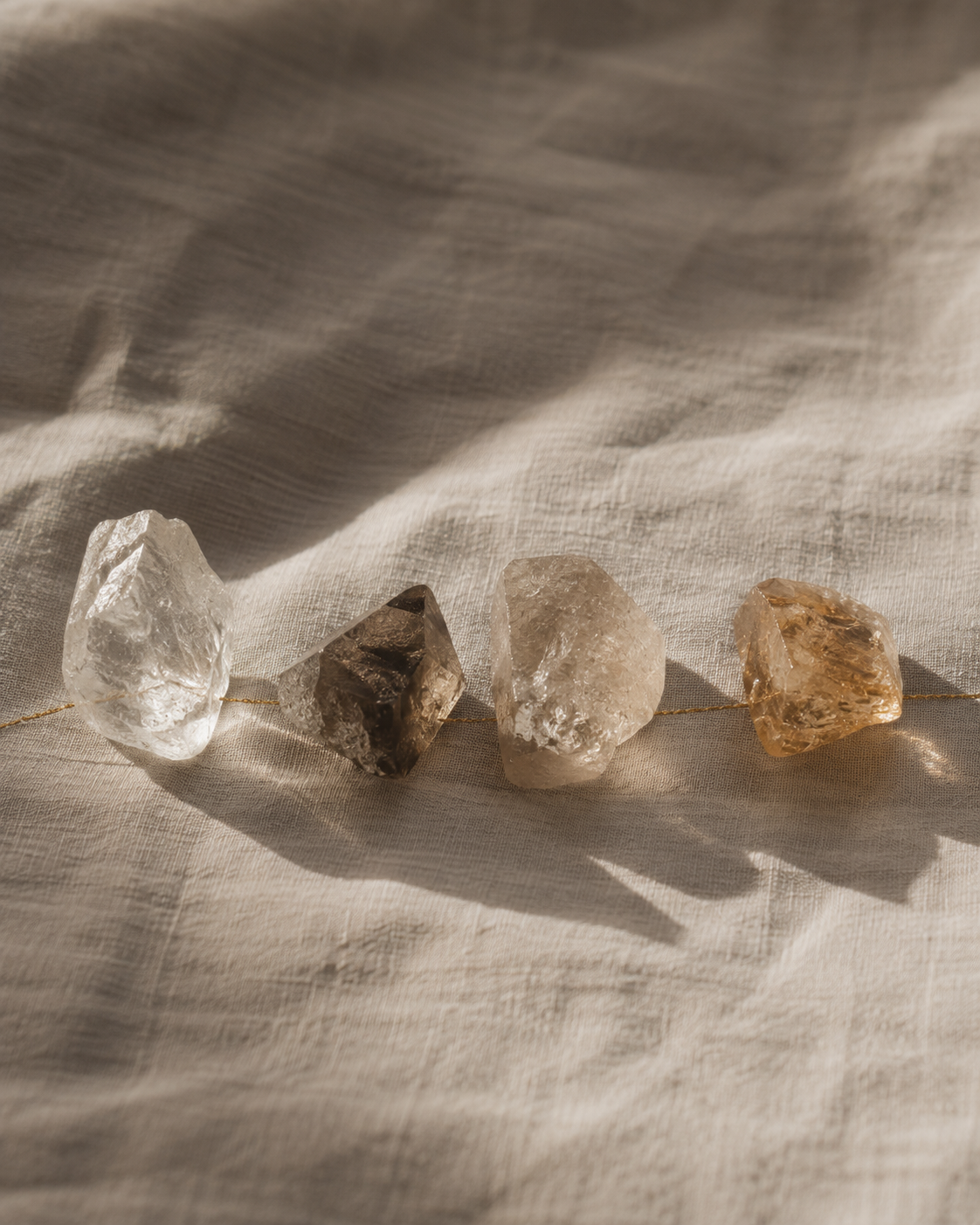 A row of five irregularly shaped, raw gemstones or crystals on a light fabric background with soft shadows.
