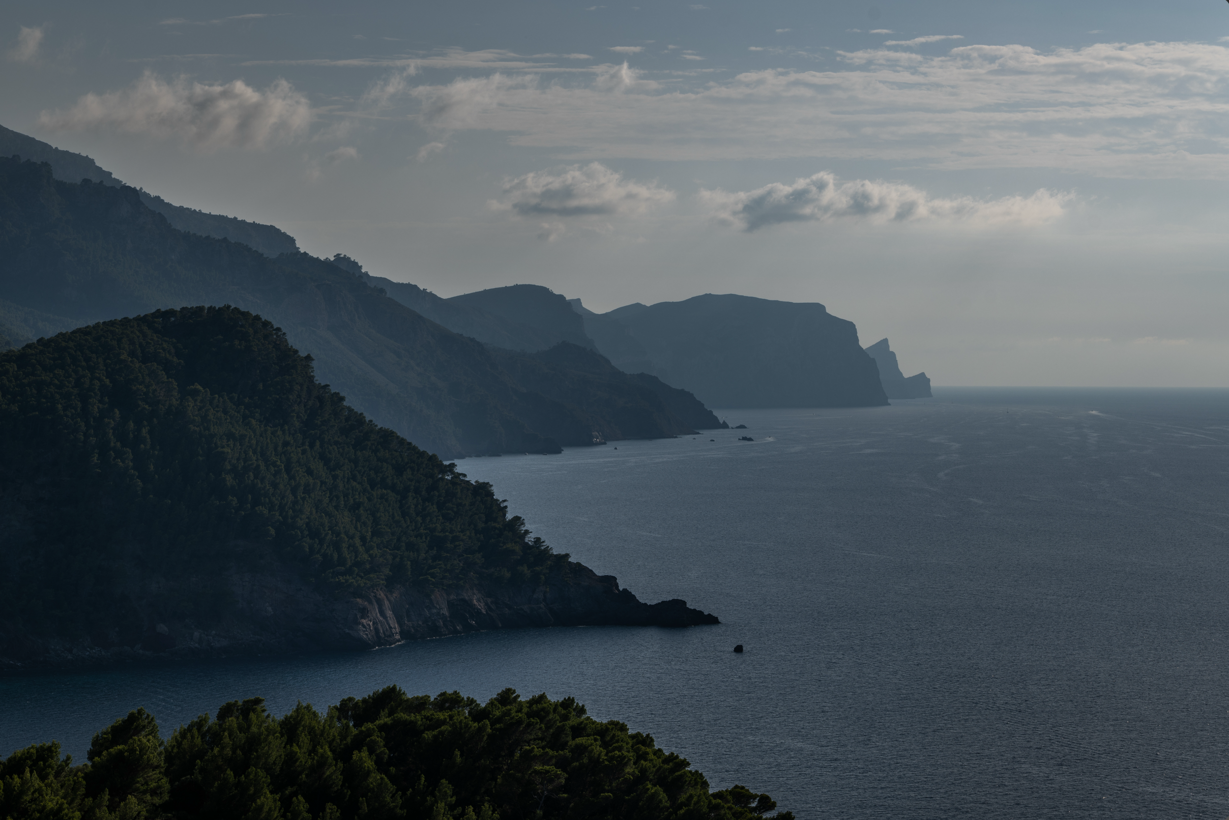 A scenic view of rocky cliffs and forested hills along a coastline, with the ocean extending into the distance under a partly cloudy sky.