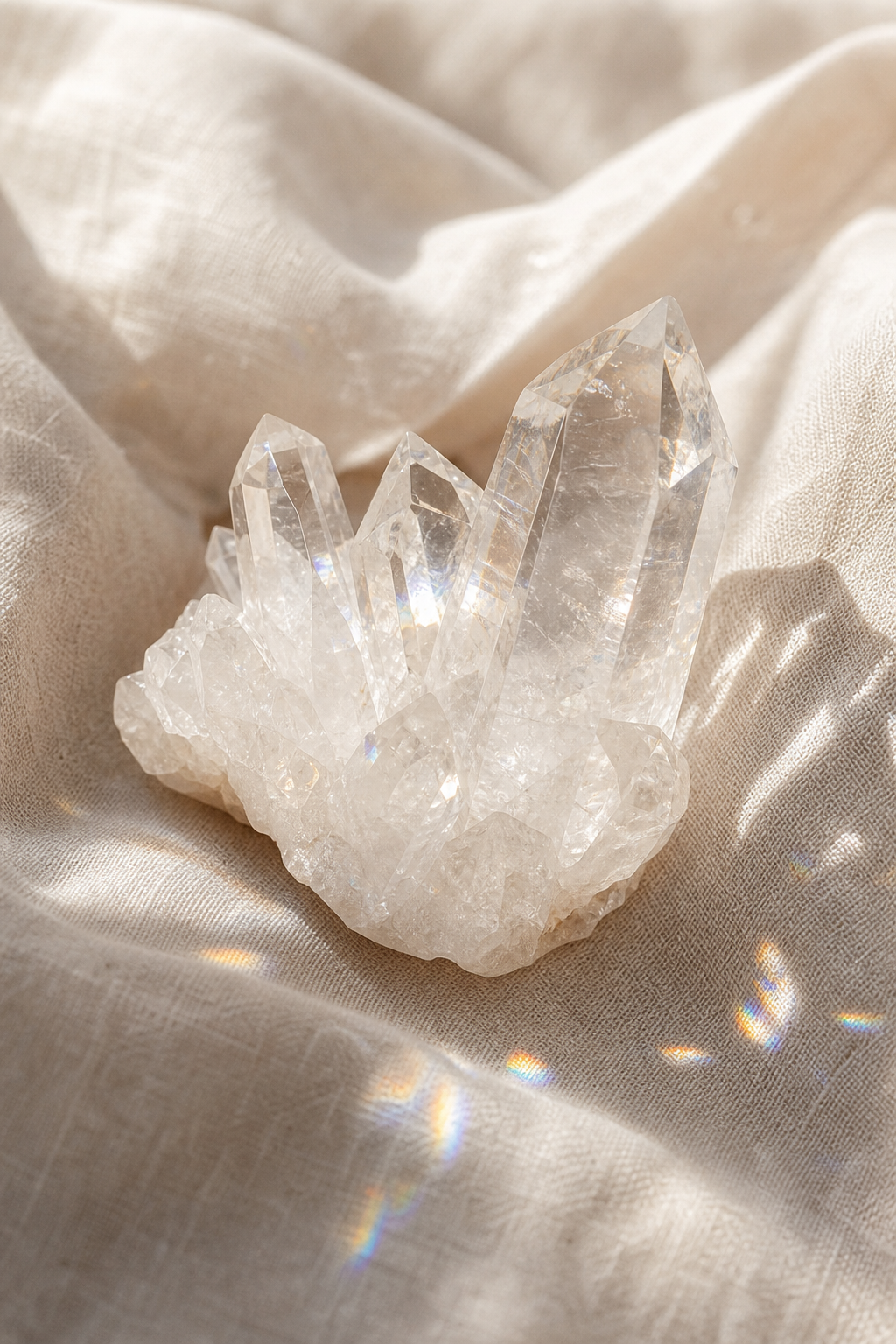 A clear quartz crystal cluster on a light fabric with sunlight creating rainbow reflections.