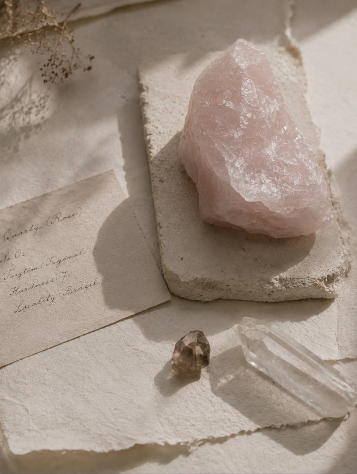A pink crystal, a small quartz, and a clear quartz point on textured white paper with handwritten notes.