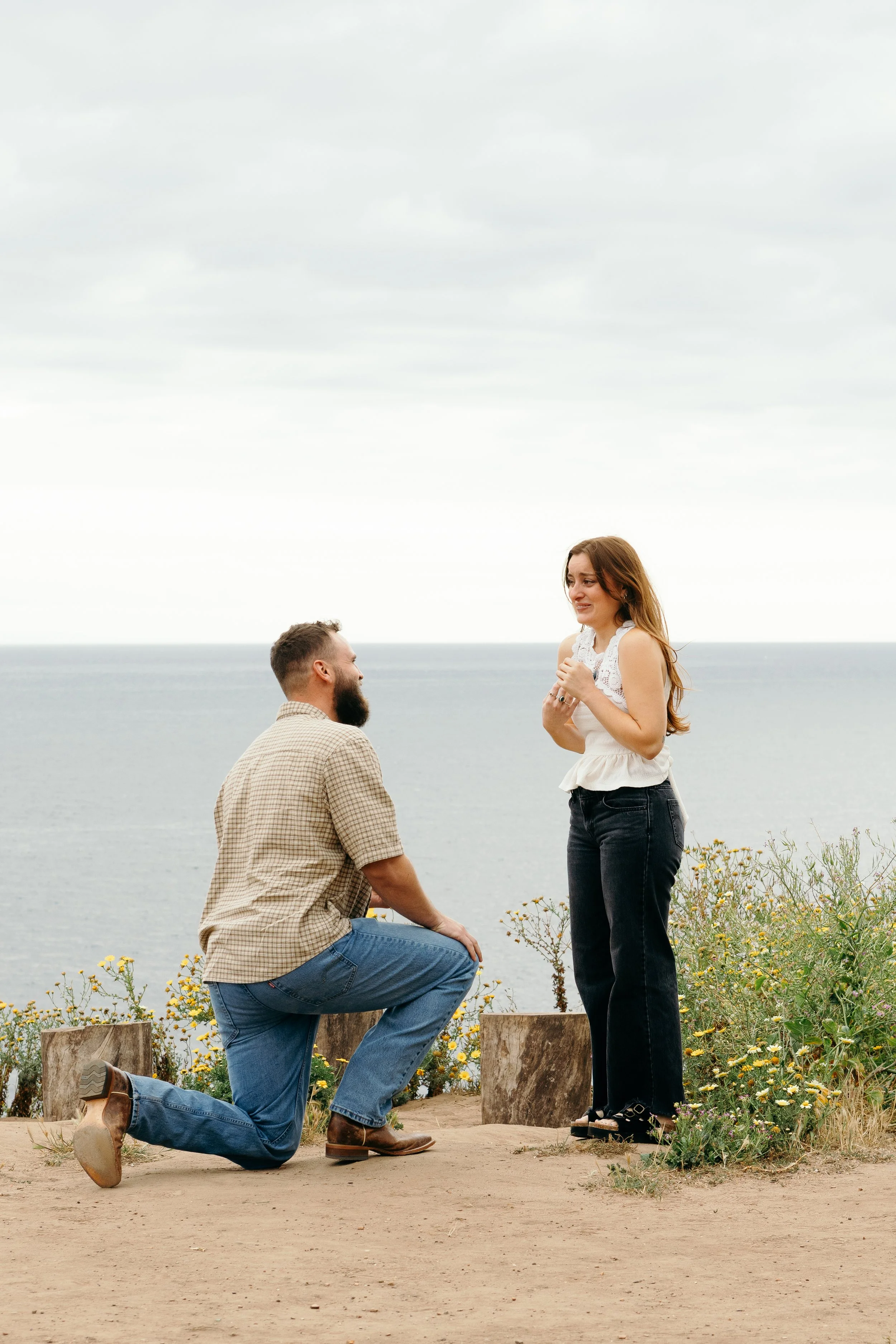 A man is kneeling on one knee proposing to a woman in an outdoor setting near the ocean, with both standing on a patch of dirt surrounded by yellow wildflowers and a cloudy sky overhead.