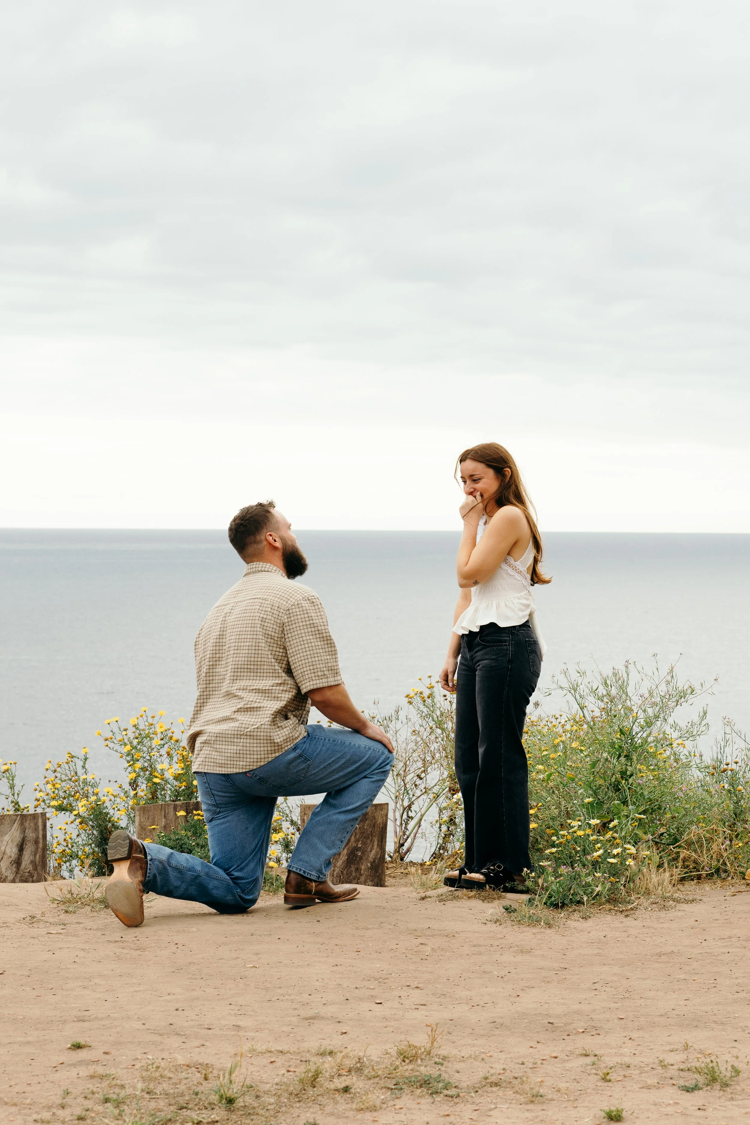 Man kneeling on one knee proposing to a woman on a scenic outdoor location near the ocean, surrounded by yellow flowers and green plants, under a cloudy sky.