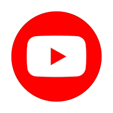 Red circle with a white square in the center containing a red play button, representing the YouTube logo.
