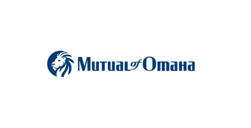Logo of Mutual of Omaha featuring a blue lion head emblem and the company name in blue text.
