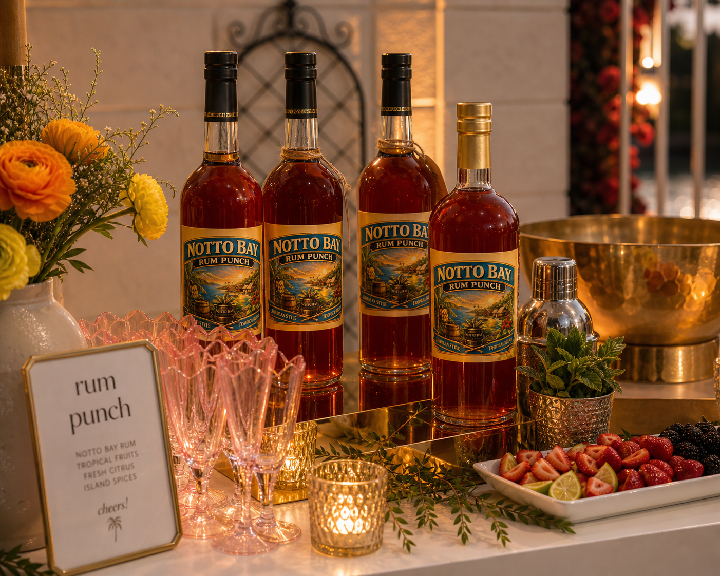 Four bottles of Notto Bay Rum Punch are displayed on a table decorated with flowers, a tray of strawberries and blackberries, a small silver container with mint leaves, pink glass cups, a decorative candle holder, and a sign describing the drink's ingredients. The setting appears to be a festive or celebratory event.