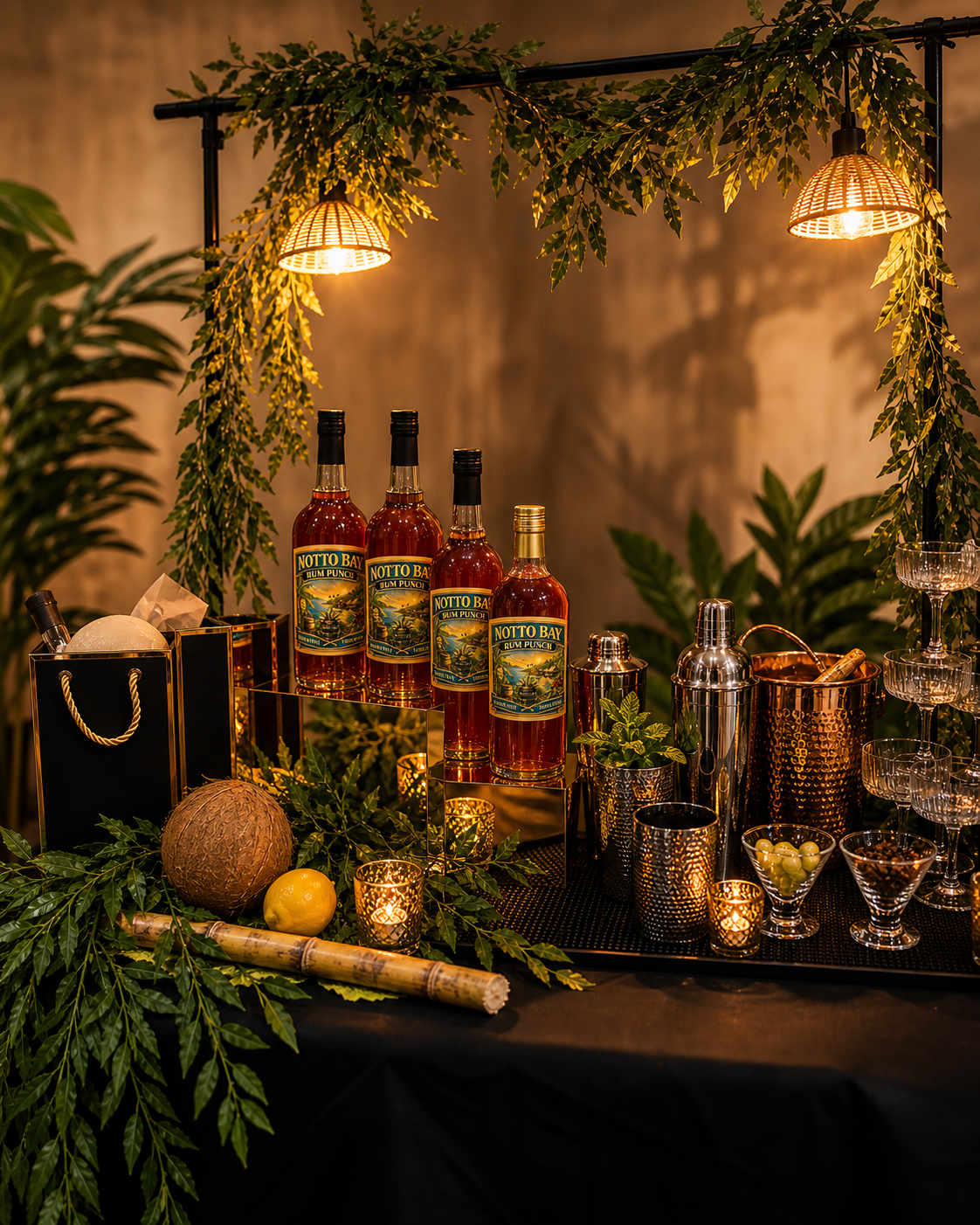 A tropical-themed bar setup with bottles of Notto Bay Rum Punch, tropical fruits, greenery, and candles, decorated with hanging lamps and lush foliage.