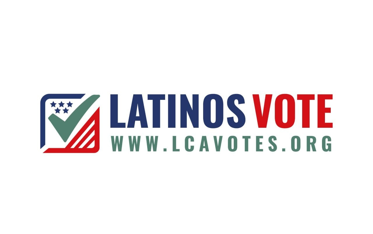 Logo promoting Latino voting with a checkmark inside a square, stars, and red and blue accents, including the text 'Latinos Vote' and the website www.lcavotes.org.