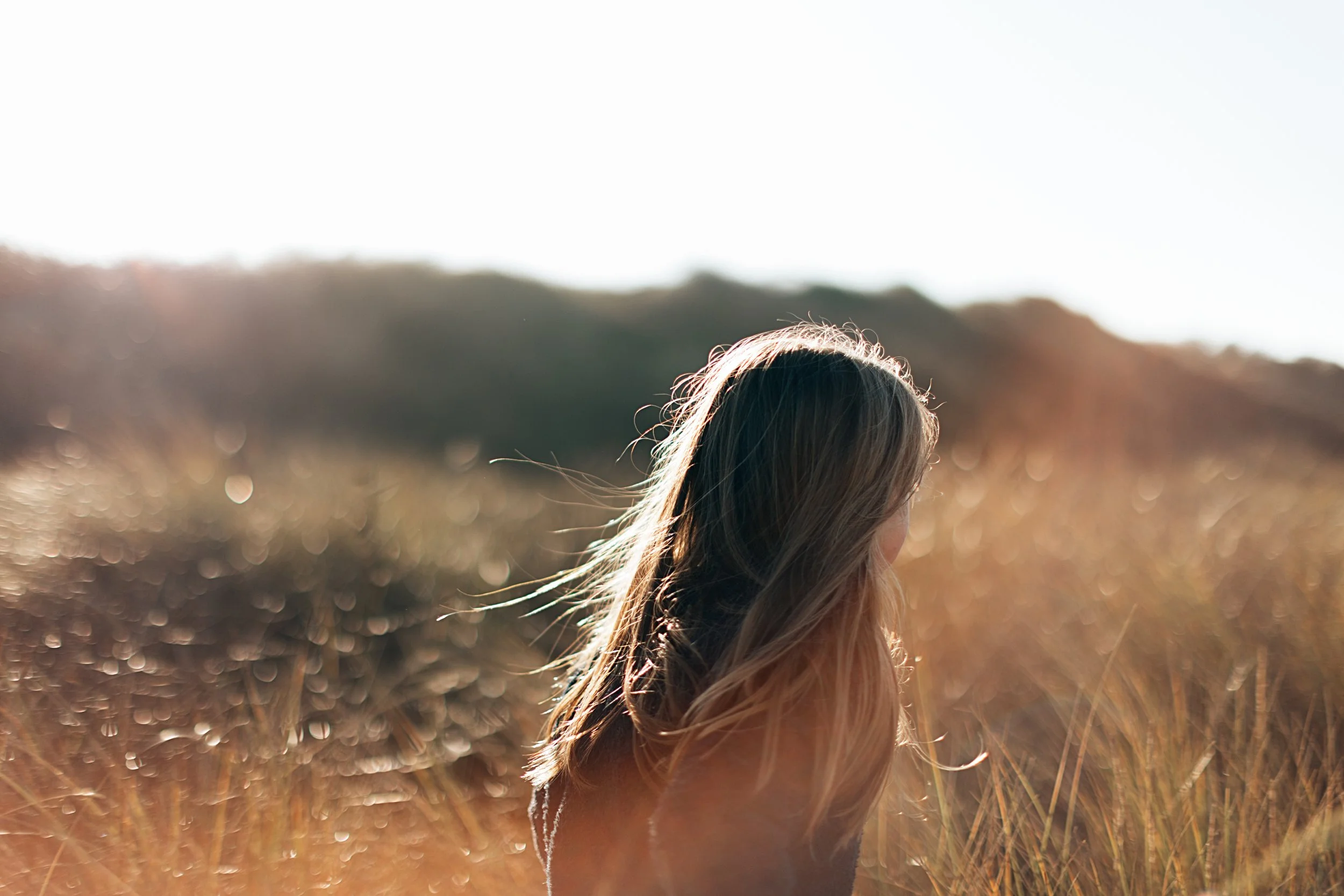 A person with long, wavy hair standing in a field at sunset, with back turned to the camera.