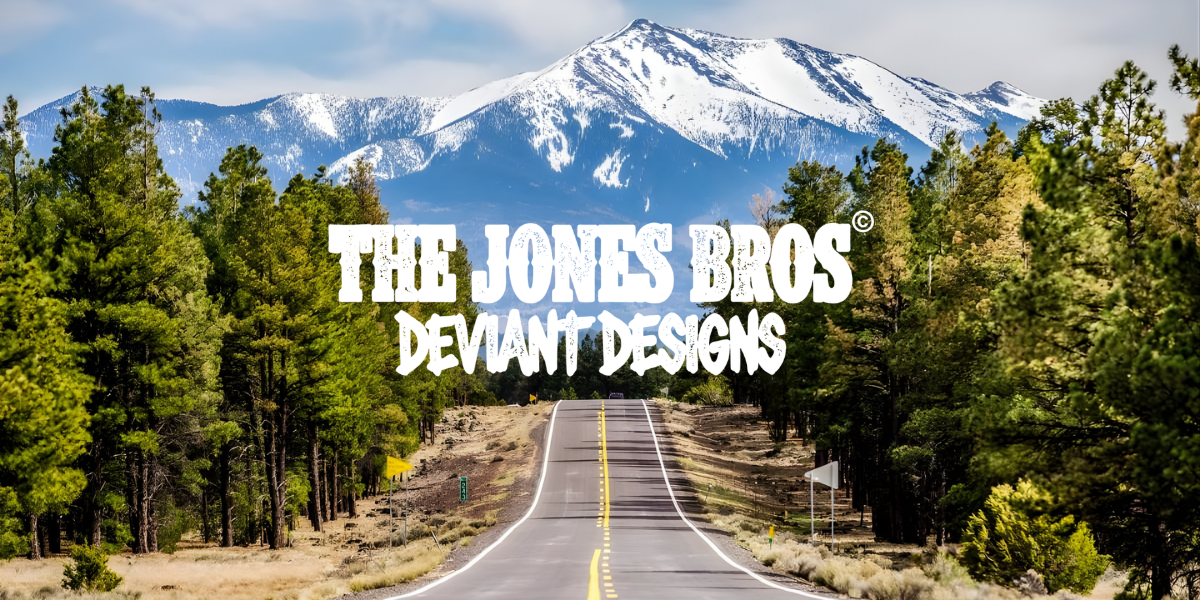 Jones Bros Deviant Designs mountain road brand image with Flagstaff-style outdoor scenery.