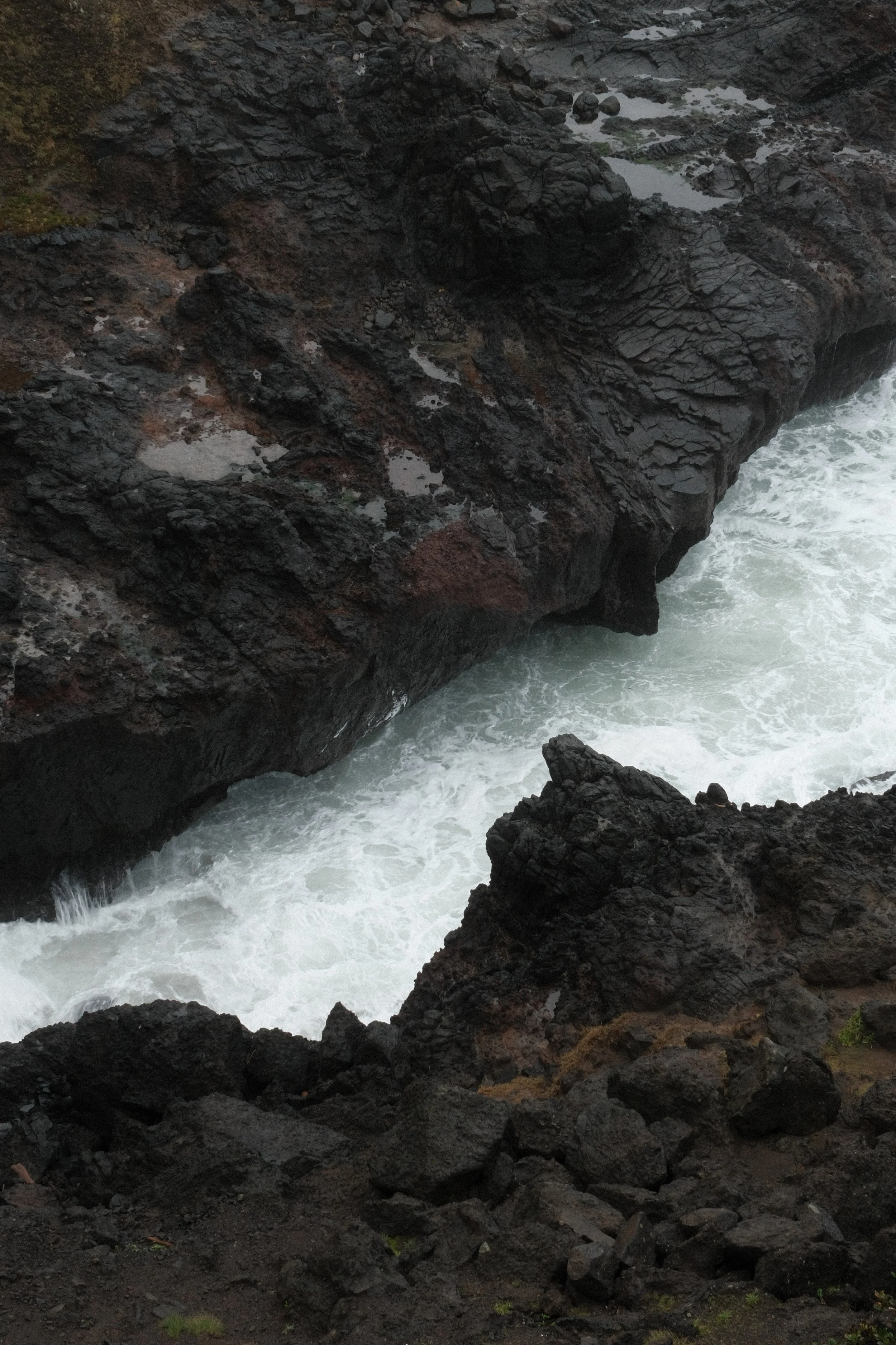 Dark rocky coastline with white water crashing against the rocks and some small patches of grass and moss.