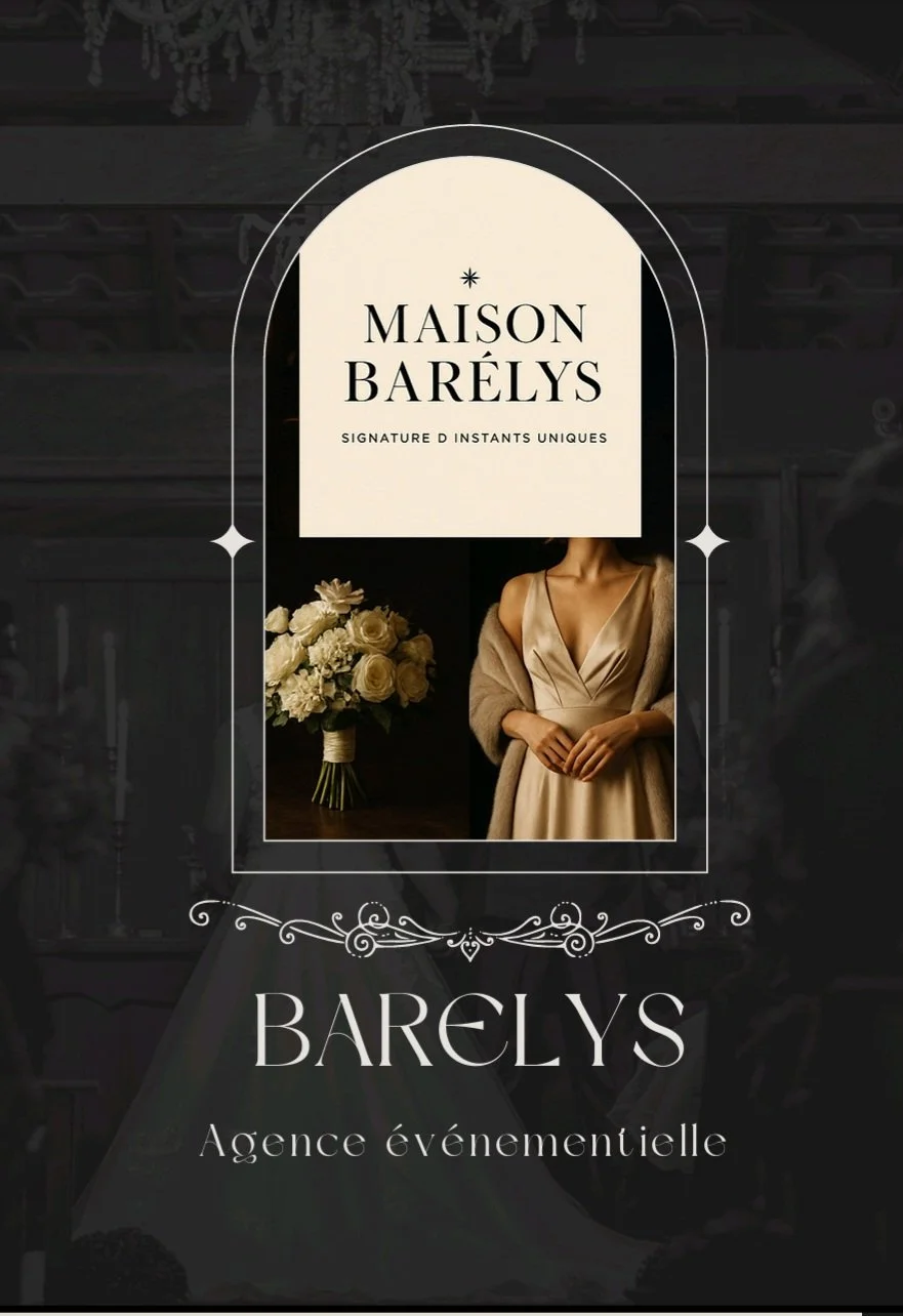 An event agency poster featuring a woman in a satin dress holding a bouquet of white roses, with a dark background and elegant white text reading 'Maison Barelys' and 'Barelys Agence événementielle'.