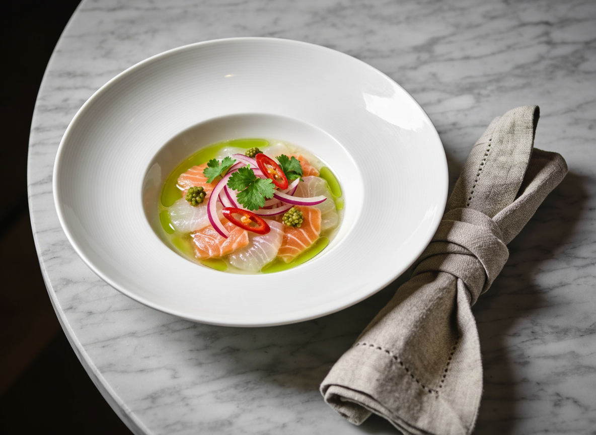 A white bowl of sashimi with slices of salmon, white fish, garnished with sliced red chili, red onion, cilantro, and peppercorns, on a marble table with a gray cloth napkin.