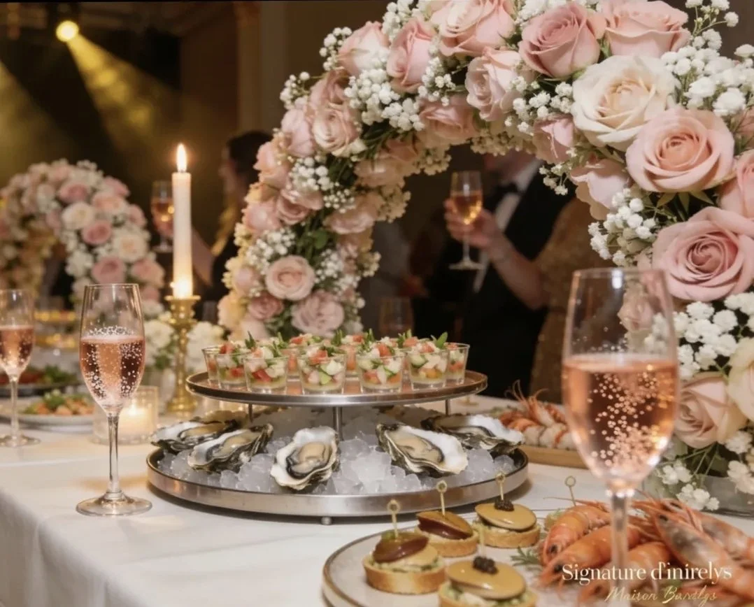 Elegant wedding reception table decorated with a large floral arrangement of pink and white roses and baby's breath, with champagne glasses filled with sparkling rosé, oysters on ice, and assorted appetizers, illuminated by candlelight.