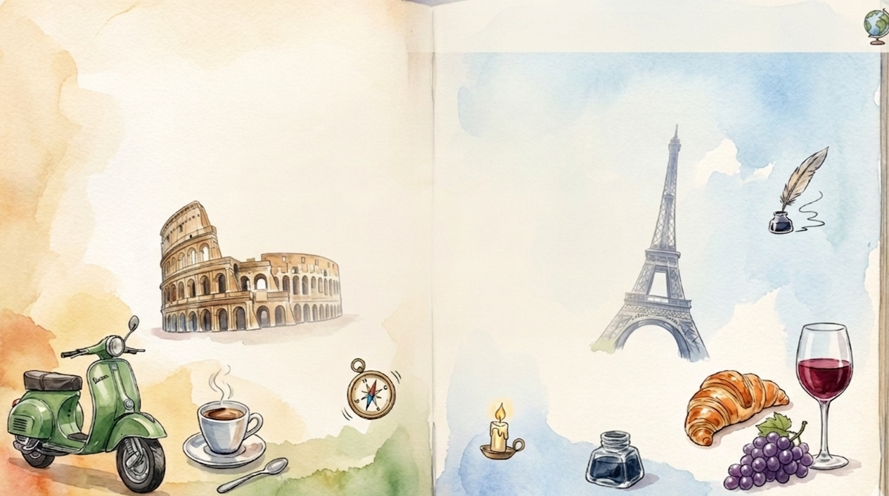 Ilustración en acuarela de íconos culturales como el Coliseo de Roma y la Torre Eiffel, representando la inmersión cultural en nuestras clases de idiomas online.