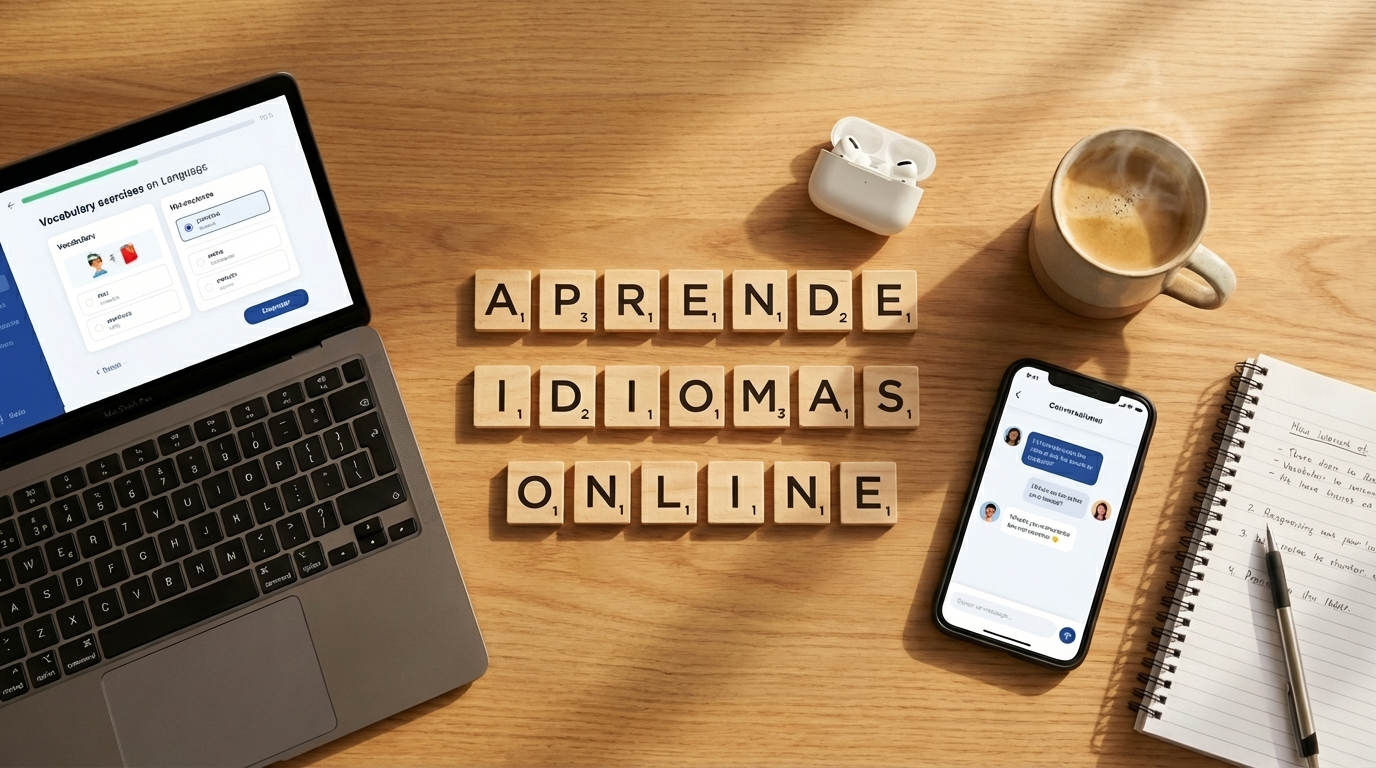 Escritorio de estudio con laptop, auriculares y fichas de madera que dicen 'Aprende Idiomas Online', mostrando la experiencia de nuestras clases virtuales en vivo.