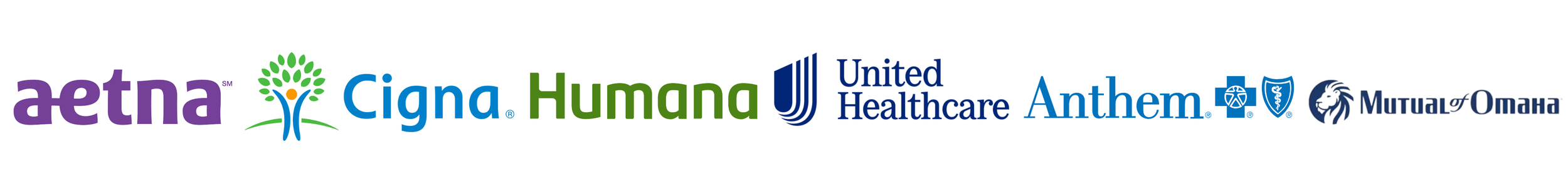 Logos of healthcare companies including Aetna, Cigna, Humana, United Healthcare, Anthem, and Mutual of Omaha.