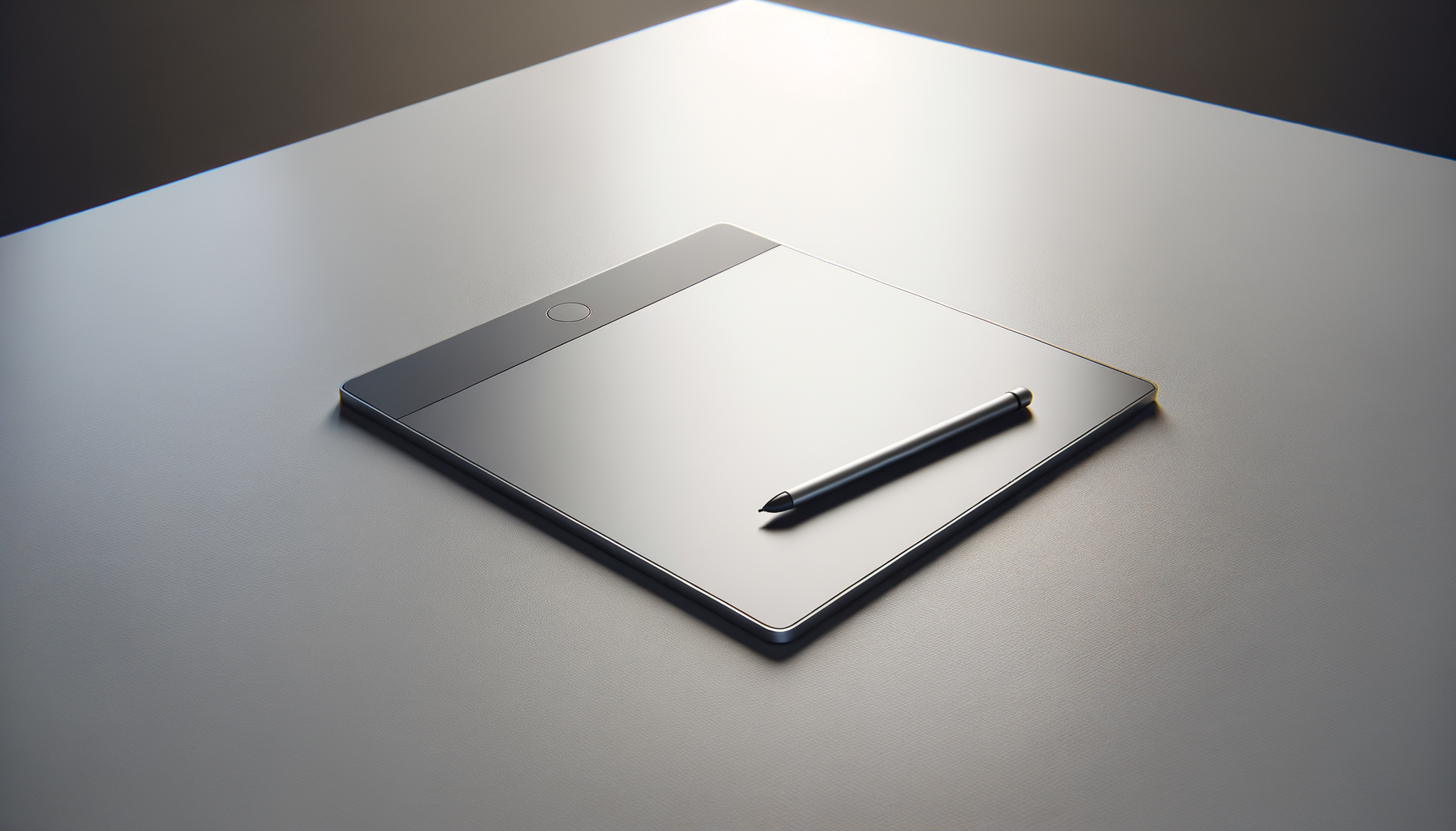 A digital drawing tablet with a stylus placed on it, resting on a white surface with a plain background.