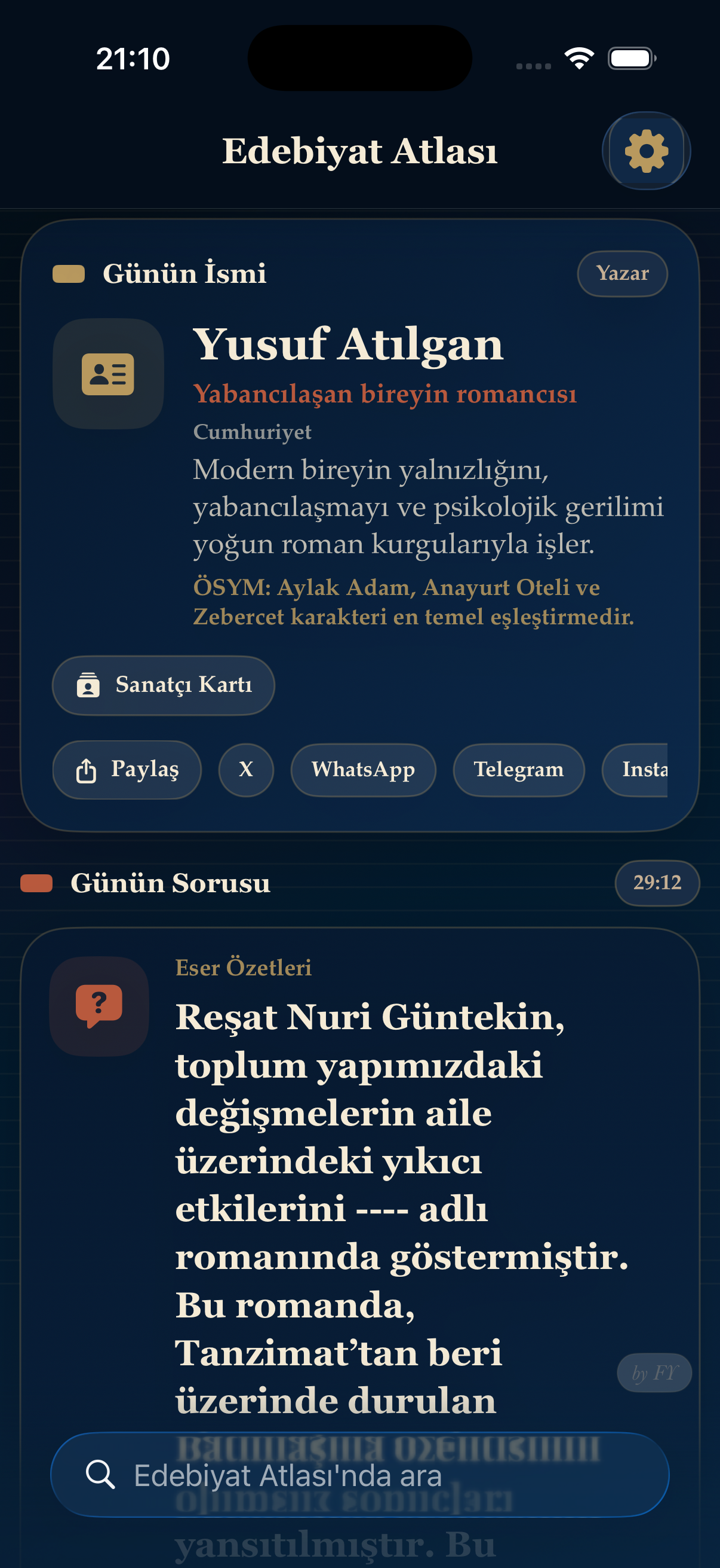 AYT Türk Dili ve Edebiyatı için hazırlanan Edebiyat Atlası “Günün Sorusu” sistemi; ÖSYM tarzı edebiyat soruları, eser özetleri, yazar-eser ilişkileri ve görsel hafıza destekli tekrar yapısıyla kullanıcılar her gün aktif şekilde soru çözer.