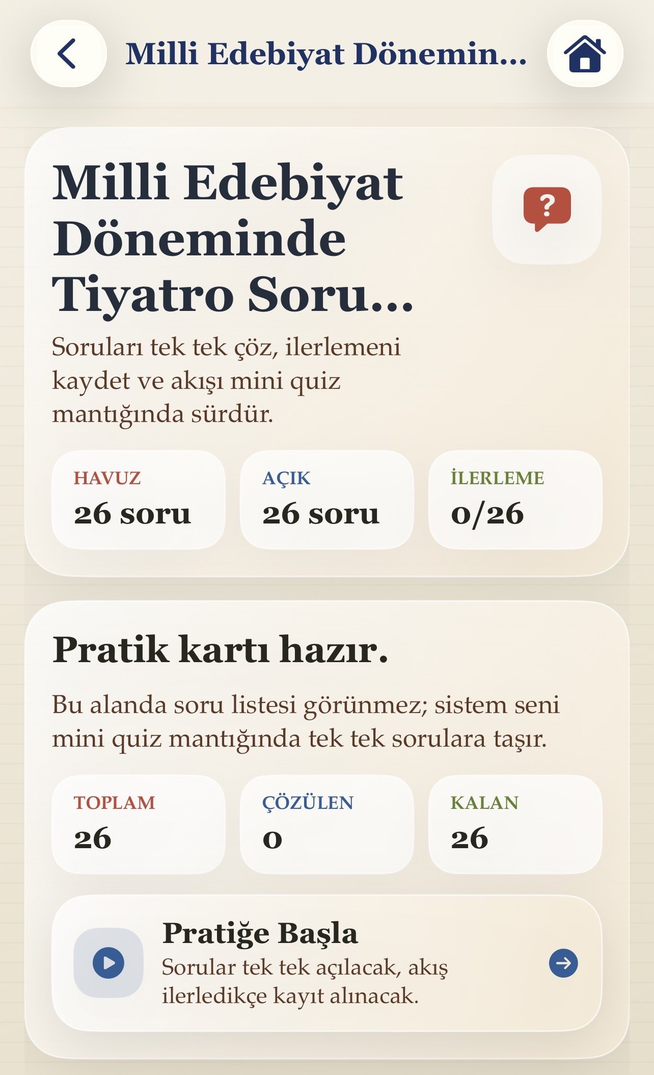 Millî Edebiyat Dönemi quiz ekranı; konu kategorilerine göre soru sayıları, ilerleme durumu ve testi başlatma butonuyla AYT edebiyat çalışmasını daha planlı hale getirir.