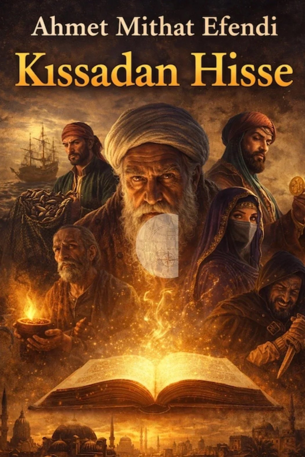 Book cover featuring historical and pirate characters, with a large open book at the bottom emitting a glowing light, and a background of ships and a city skyline. The title reads 'Kissadan Hisse' by Ahmet Mithat Efendi.