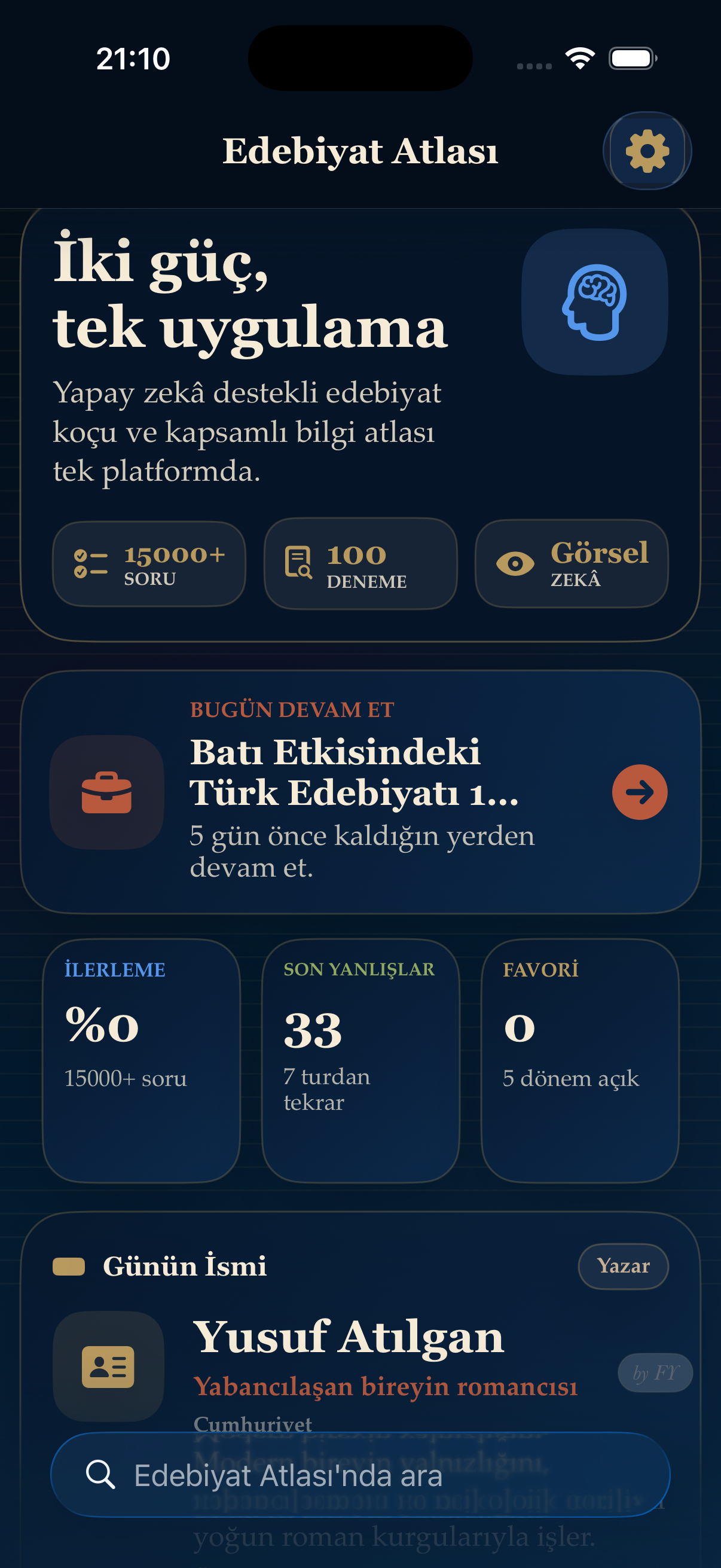 AYT Türk Dili ve Edebiyatı için geliştirilen Edebiyat Atlası “Günün İsmi” özelliği; yazar biyografileri, eser bilgileri, dönem özellikleri ve ÖSYM odaklı kısa tekrar içeriklerini görsel hafıza destekli modern bir çalışma sistemiyle sunar.