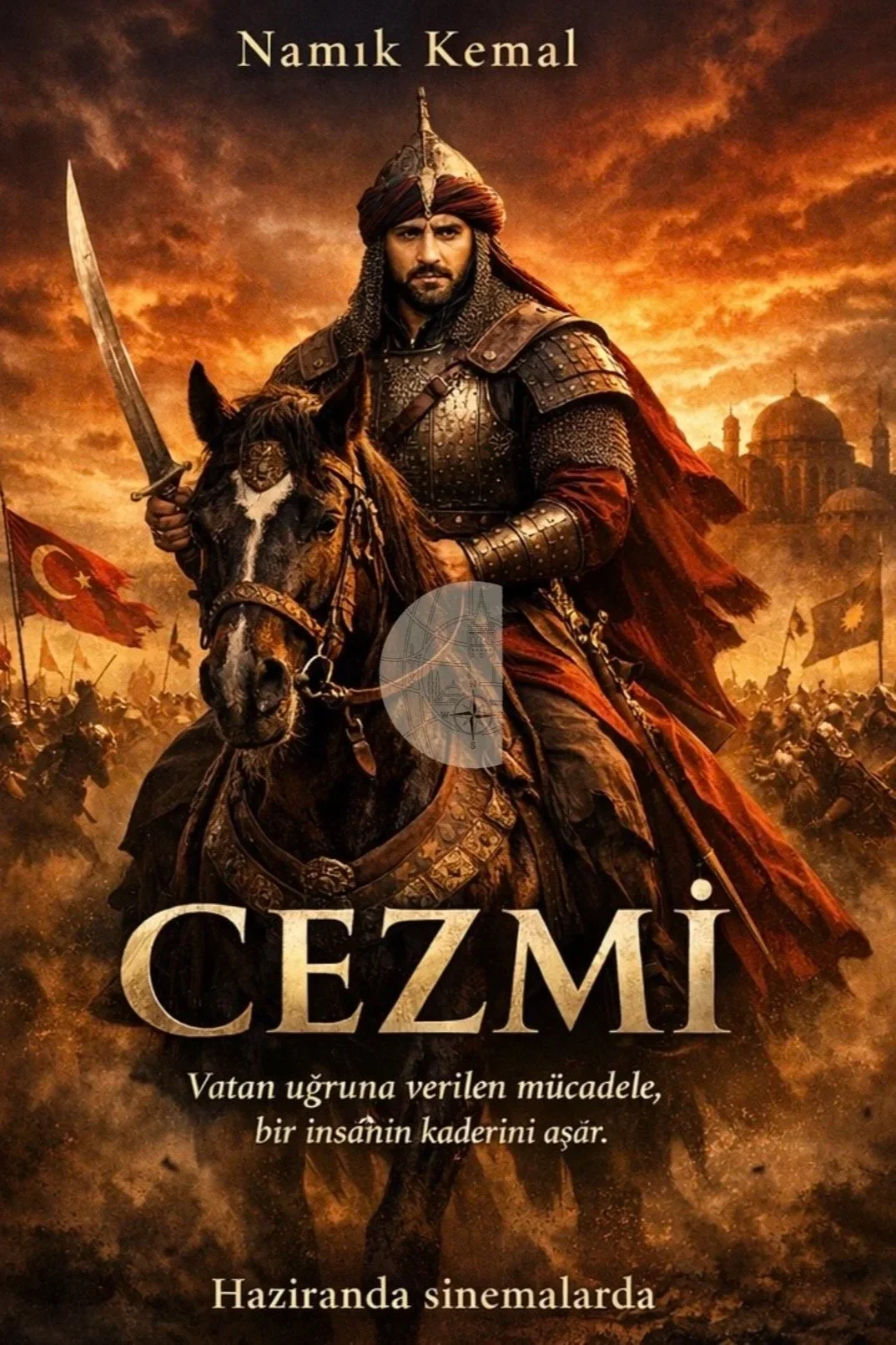 Cezmi, Cezmi romanından esinlenen bu afiş tasarımı; tarihî ve epik bir atmosfer sunar. Ortaçağ zırhı giymiş bir süvarinin at üzerinde kılıçla ilerlediği sahne, kahramanlık ve mücadele temasını güçlü biçimde yansıtır.