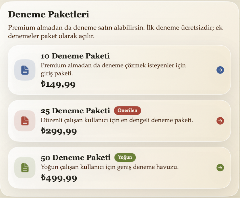 AYT edebiyat için 10, 25 ve 50 denemelik paket seçenekleri; farklı fiyatlar, içerik özellikleri ve performans takibi imkânlarıyla esnek deneme paketleri.