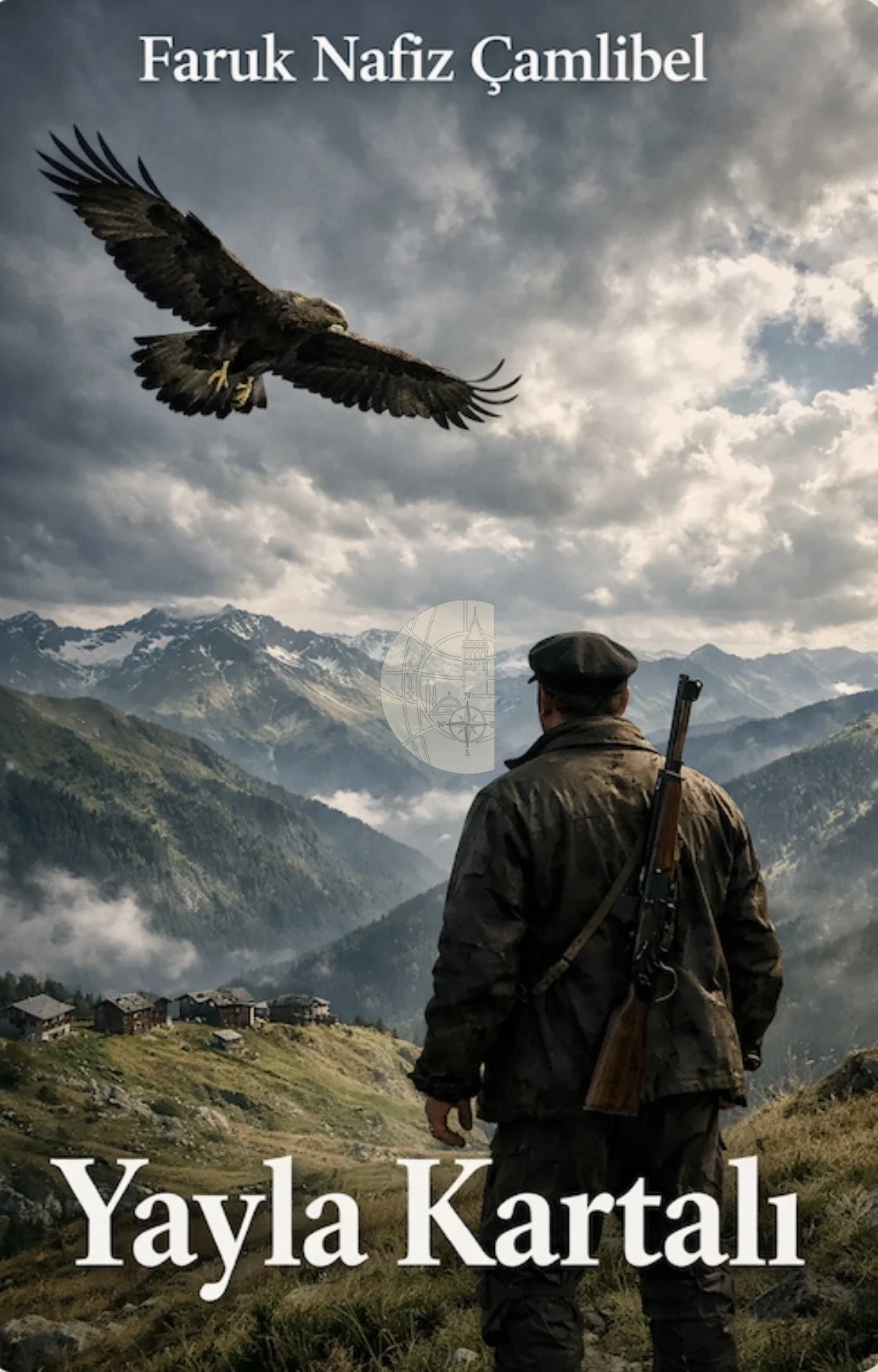 Faruk Nafiz Çamlıbel’in “Yayla Kartalı” eserine ait bu kitap kapağı, doğa ve mücadele temasını bir araya getirir. Dağ zirvesinde, sırtında tüfeğiyle duran asker figürü; aşağıda yer alan vadiler, küçük yerleşimler ve çevresini saran dağlar var.