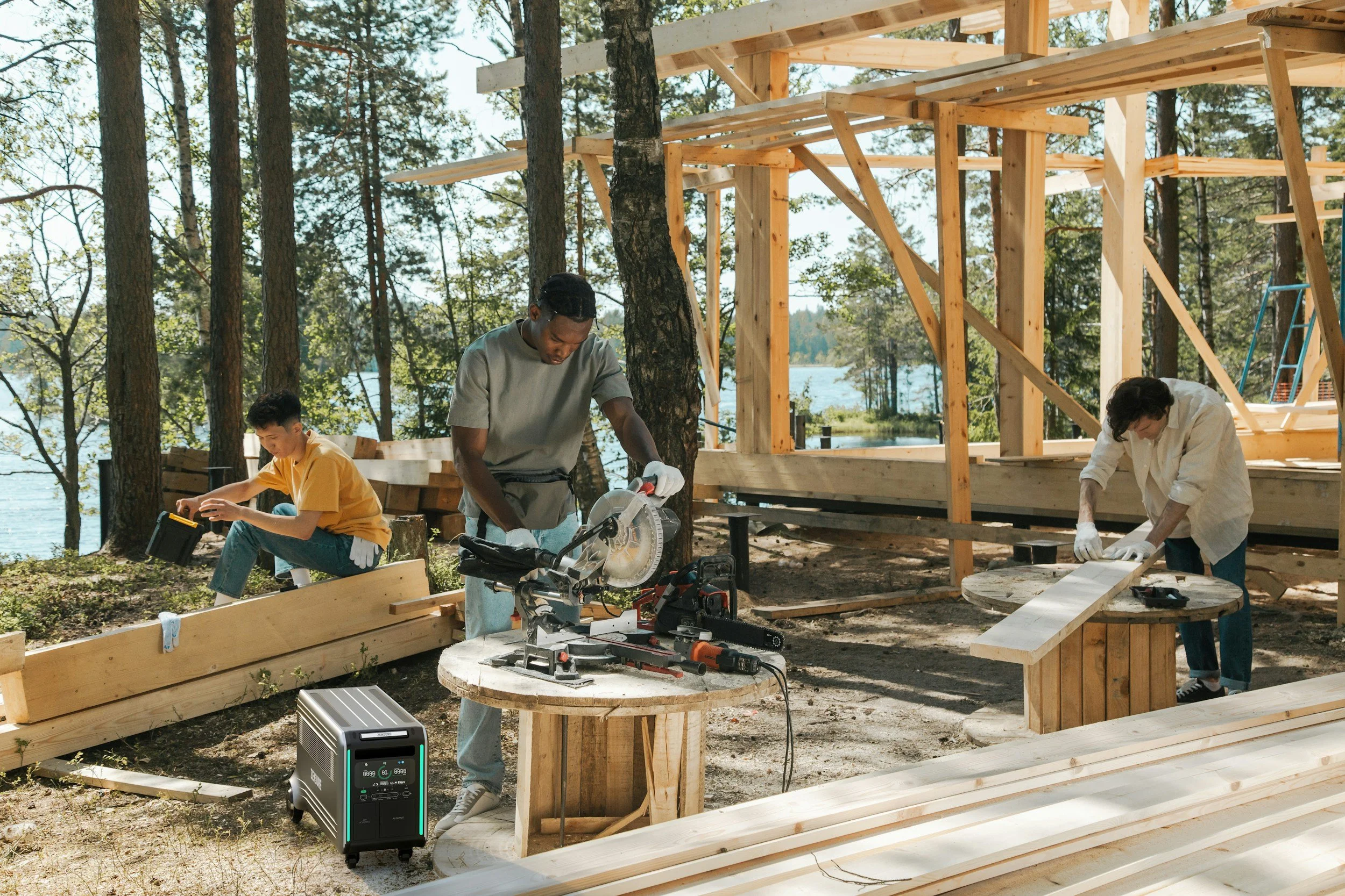 Three people working on building a wooden structure outdoors near a lake, with trees around.